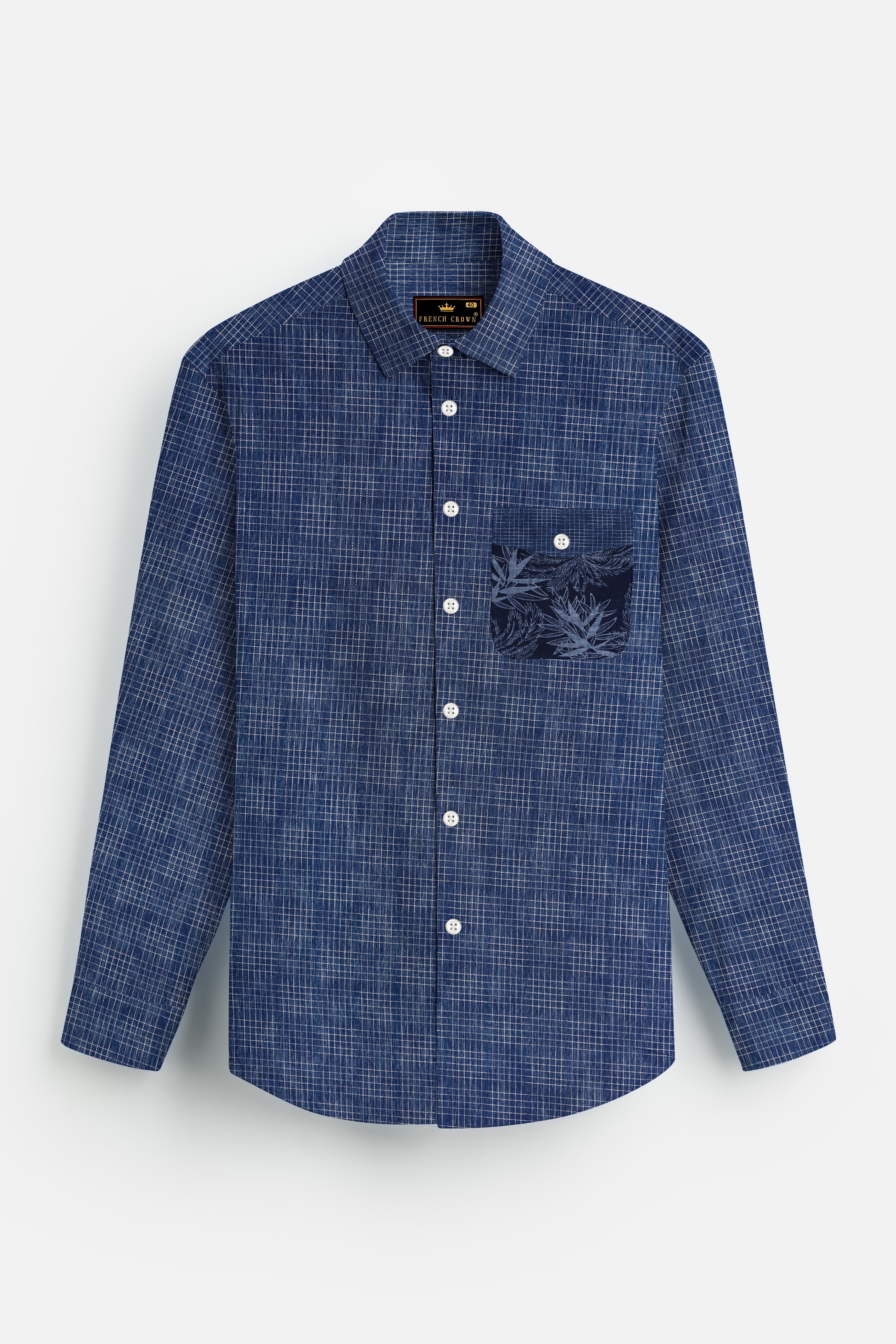 Denim Blue and Gunmetal Blue Checkered and Leaves Textured Chambray Designer Shirt