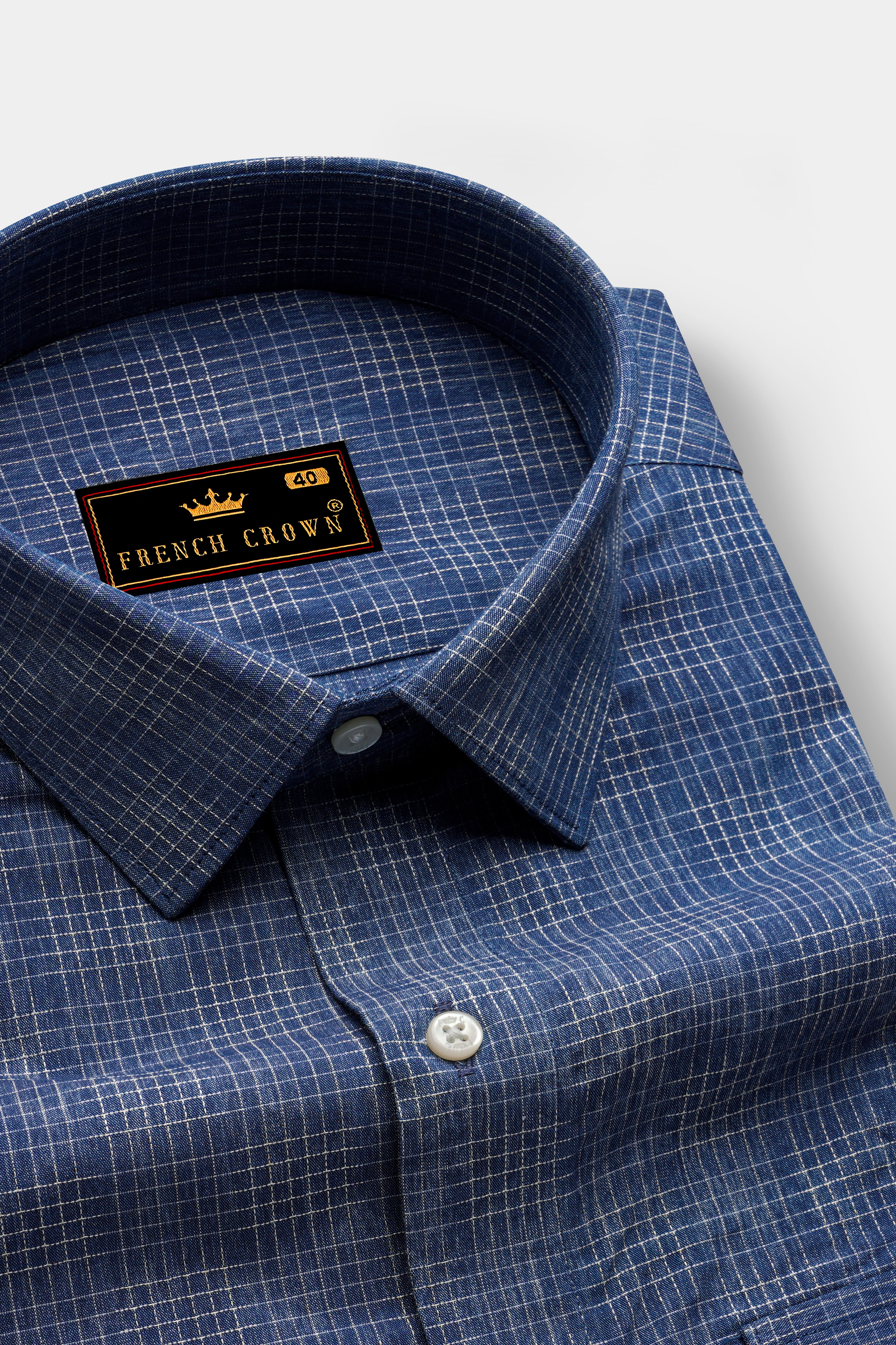 Denim Blue and Gunmetal Blue Checkered and Leaves Textured Chambray Designer Shirt