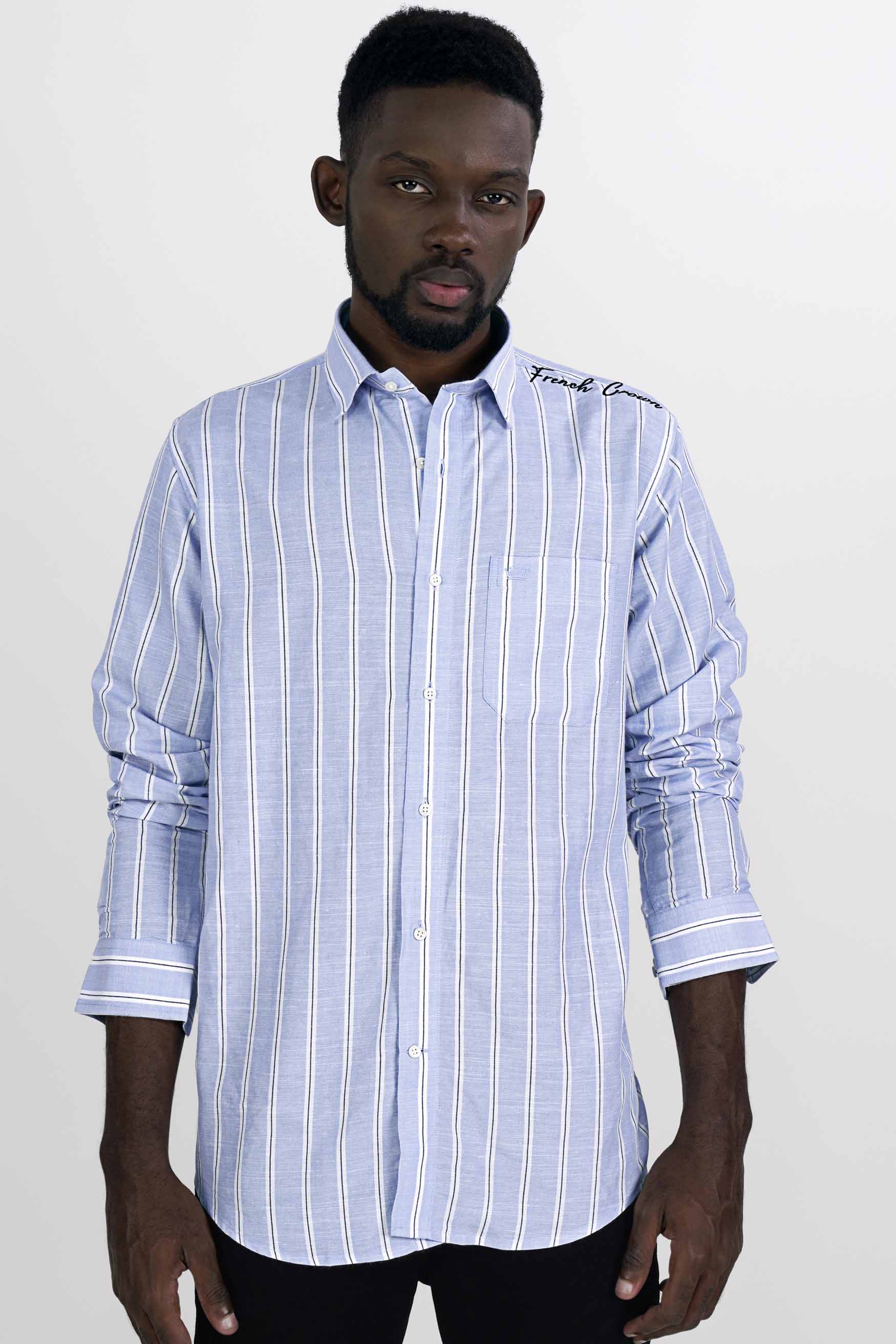 Periwinkle Blue and White Striped Embroidered Twill Premium Cotton Designer Signature Shirt 7572-E186-38, 7572-E186-H-38, 7572-E186-39, 7572-E186-H-39, 7572-E186-40, 7572-E186-H-40, 7572-E186-42, 7572-E186-H-42, 7572-E186-44, 7572-E186-H-44, 7572-E186-46, 7572-E186-H-46, 7572-E186-48, 7572-E186-H-48, 7572-E186-50, 7572-E186-H-50, 7572-E186-52, 7572-E186-H-52