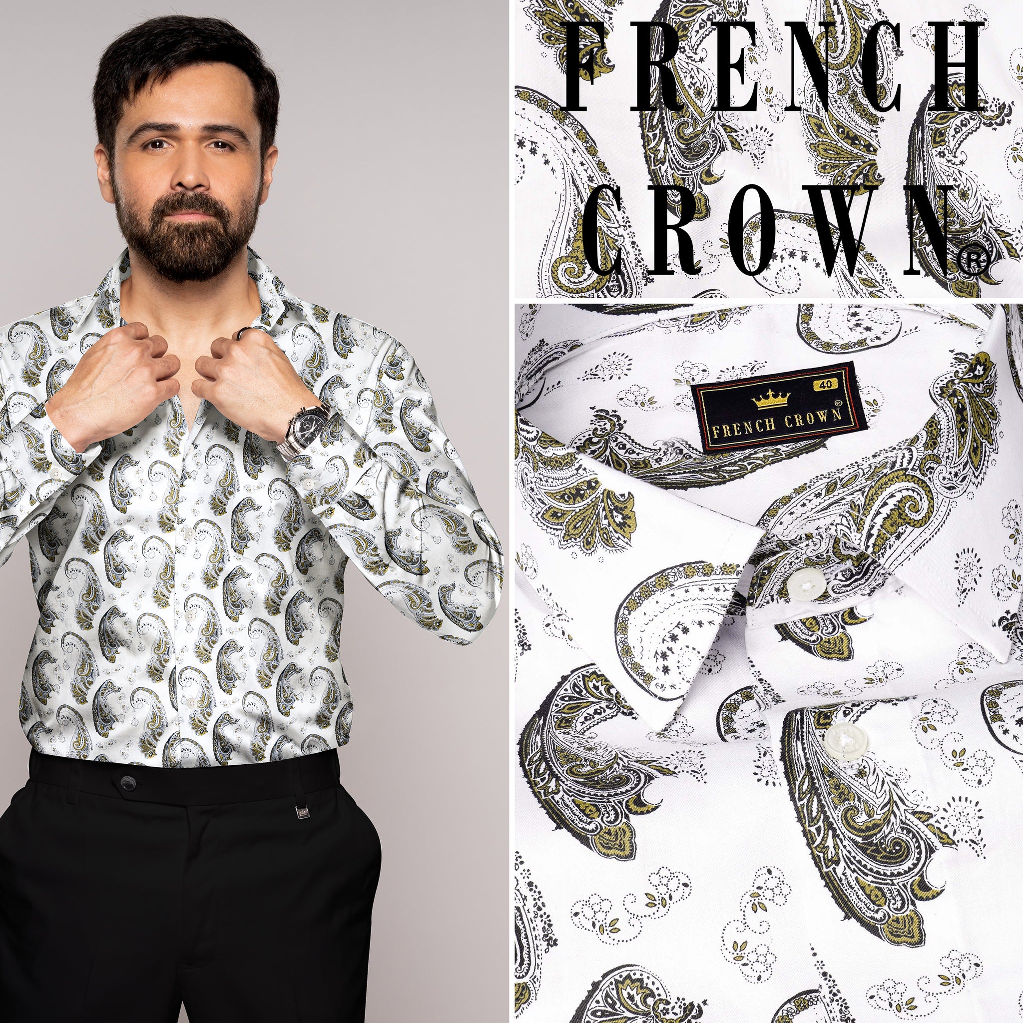 Printed Solid White Fabric with Blue and Brown Paisley Classic Custom Shirt