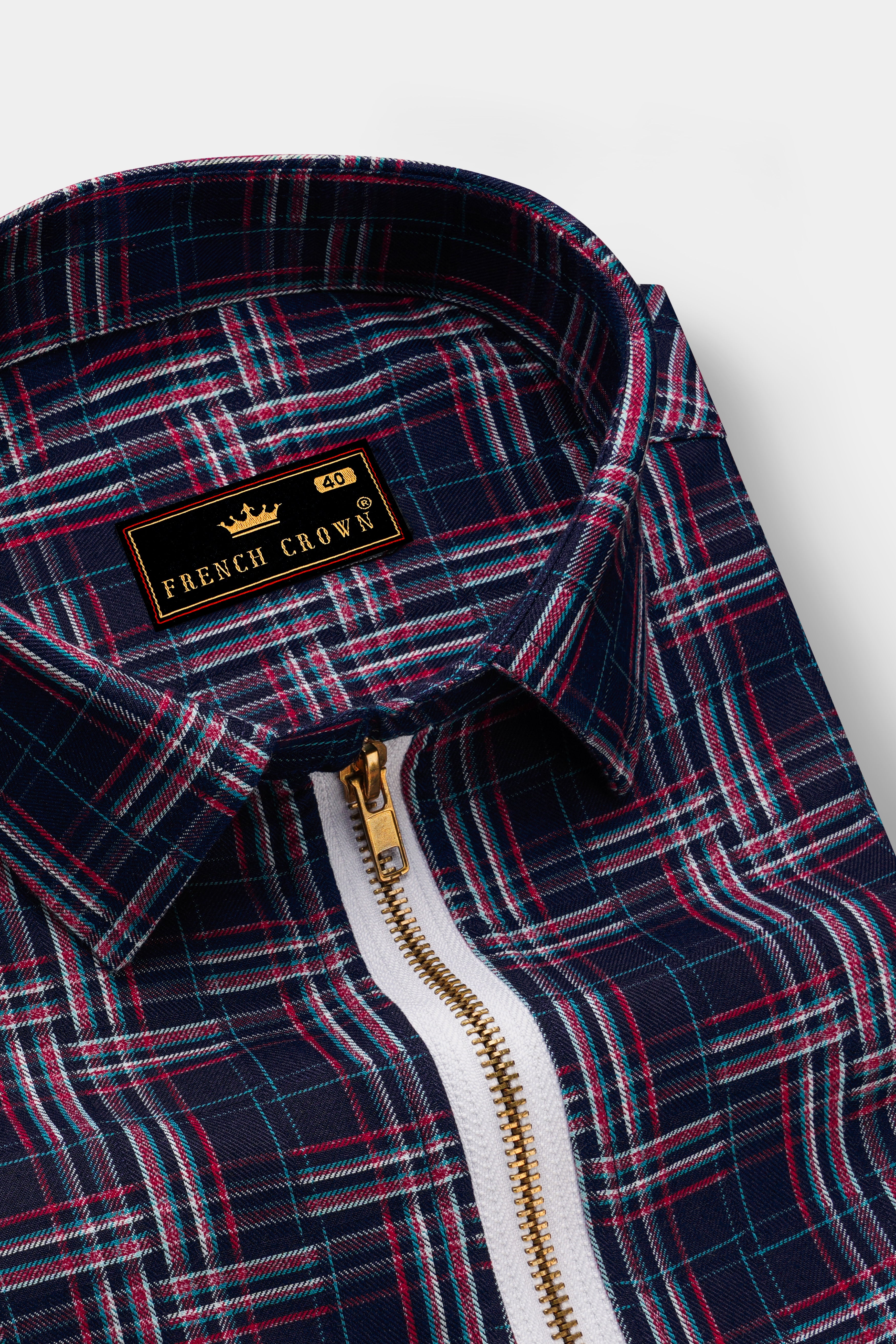 Martinique Blue Plaid Dobby Textured Premium Giza Cotton Zipper Overshirt/Shacket