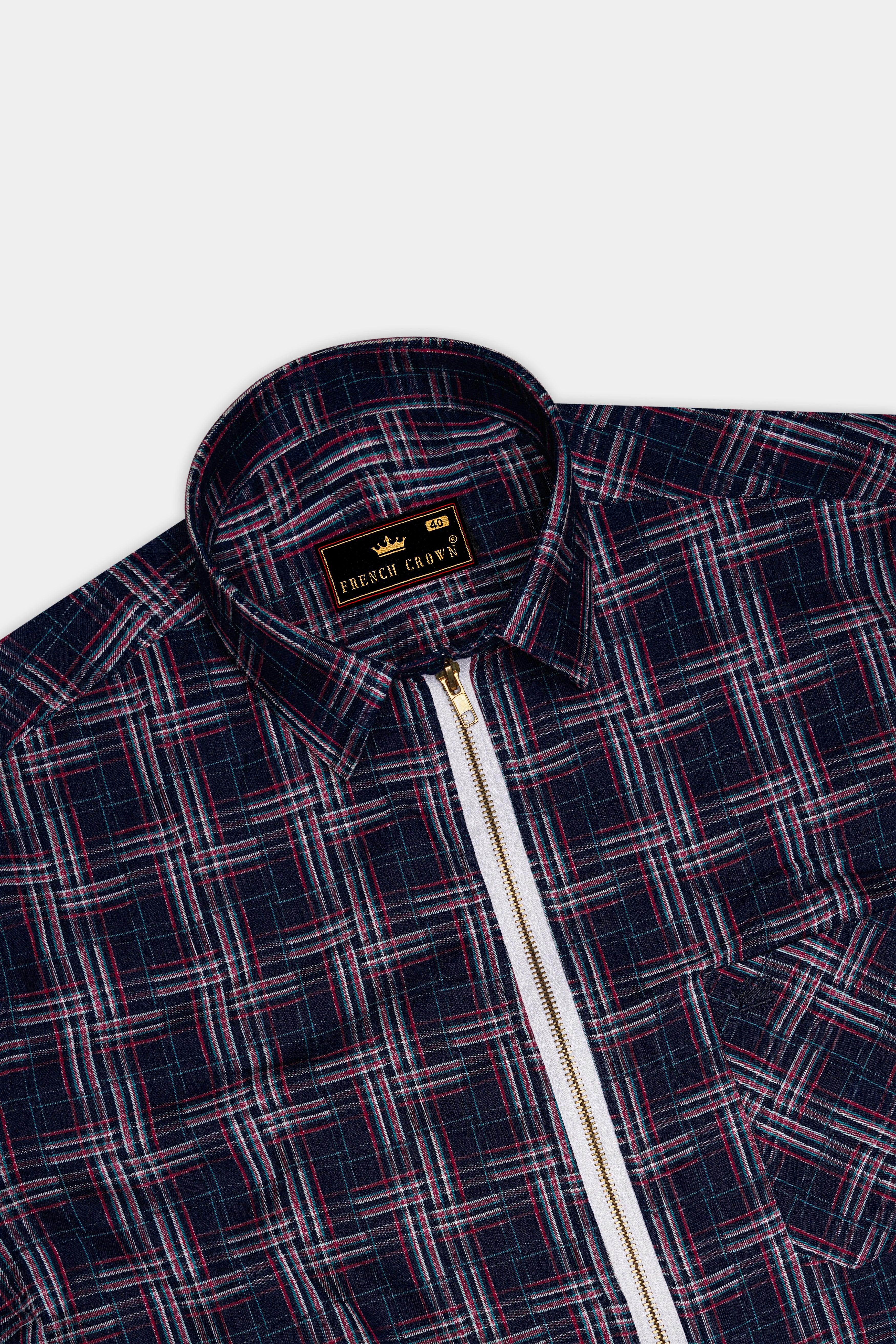 Martinique Blue Plaid Dobby Textured Premium Giza Cotton Zipper Overshirt/Shacket