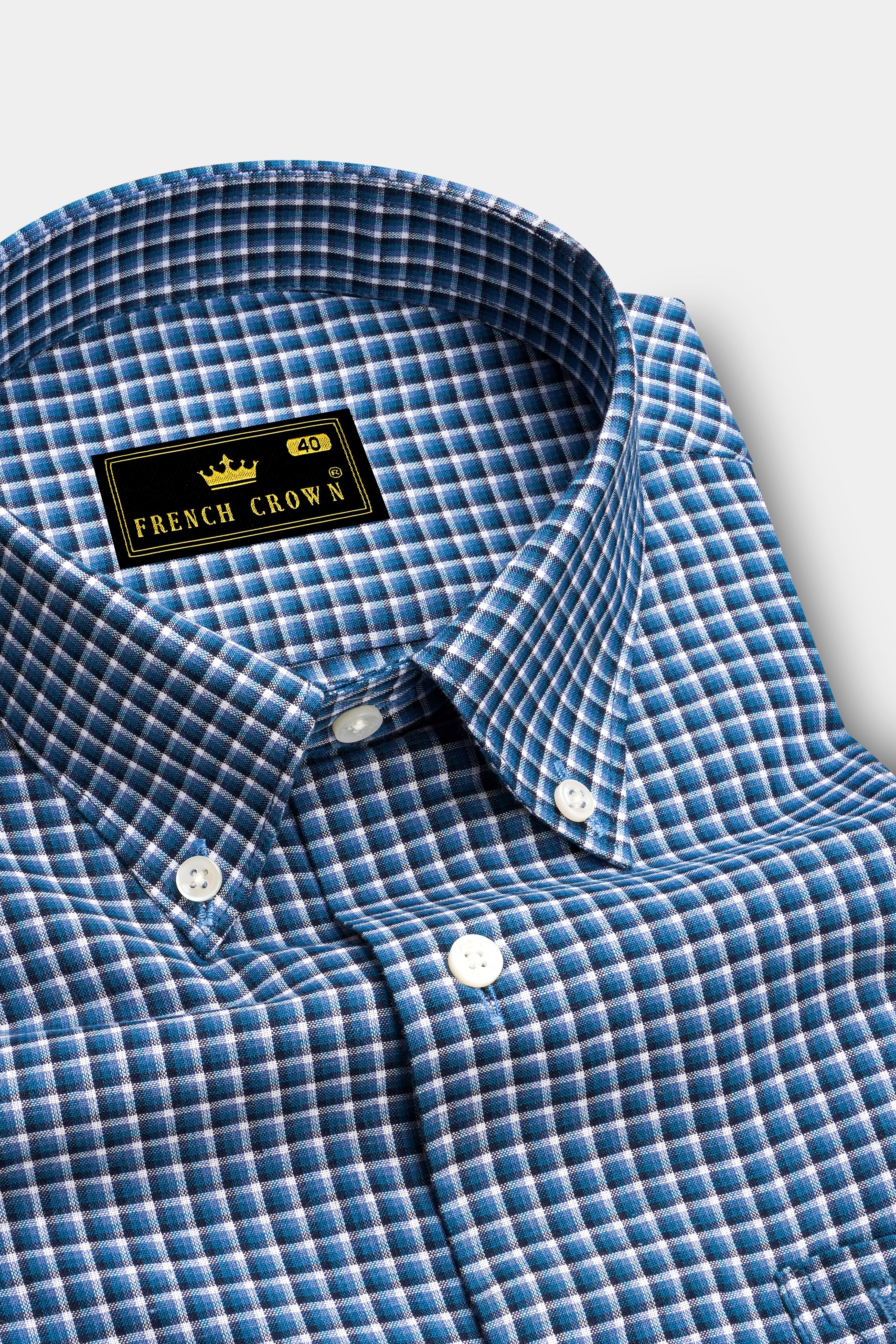 Jelly Bean Blue With Bright White Checkered Twill Premium Cotton Shirt