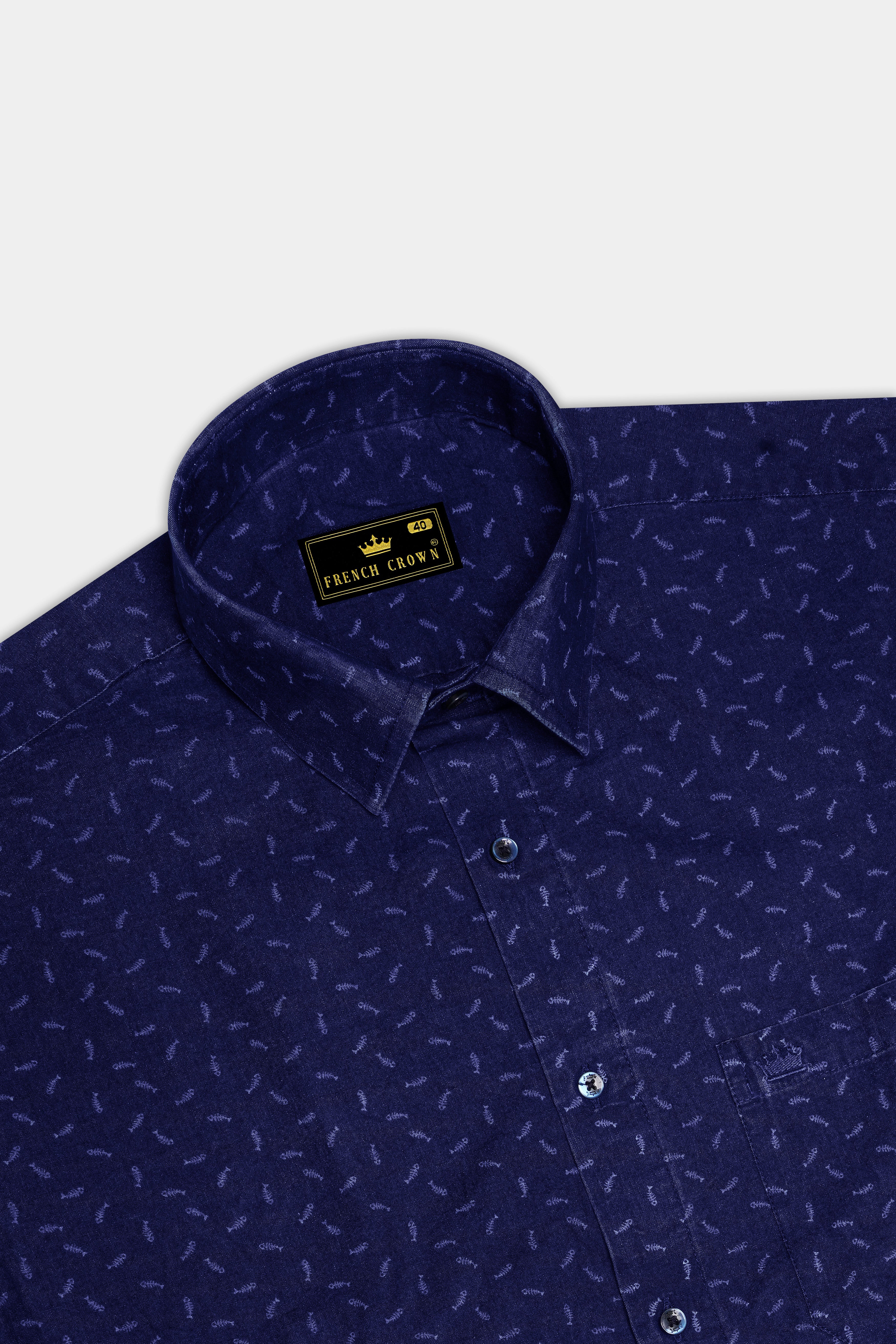Bastille Navy Blue Fish Printed Chambray Textured Premium Cotton Shirt