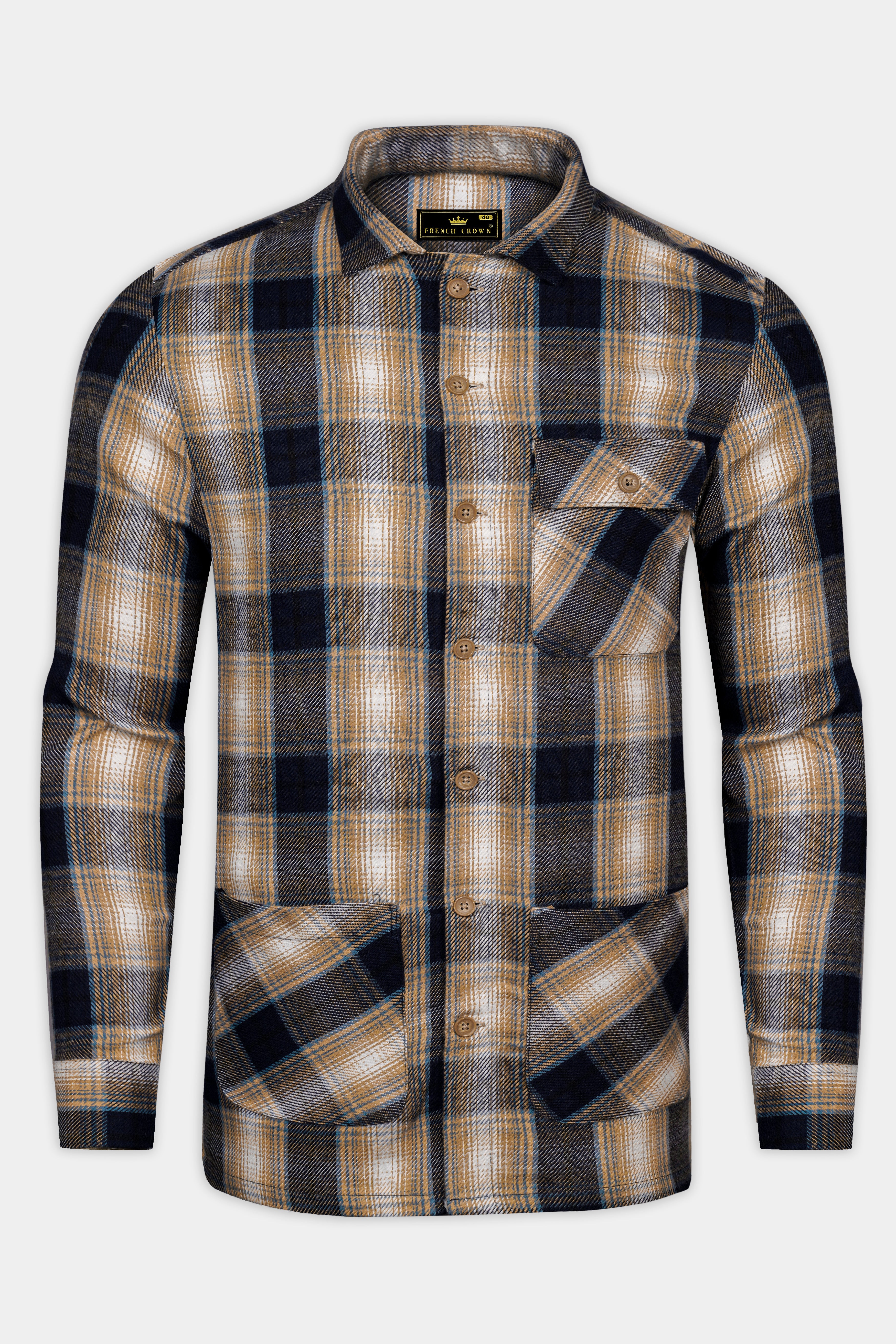 Ebony Clay Blue and Sandrift Brown Plaid Flannel Designer Overshirt/Shacket