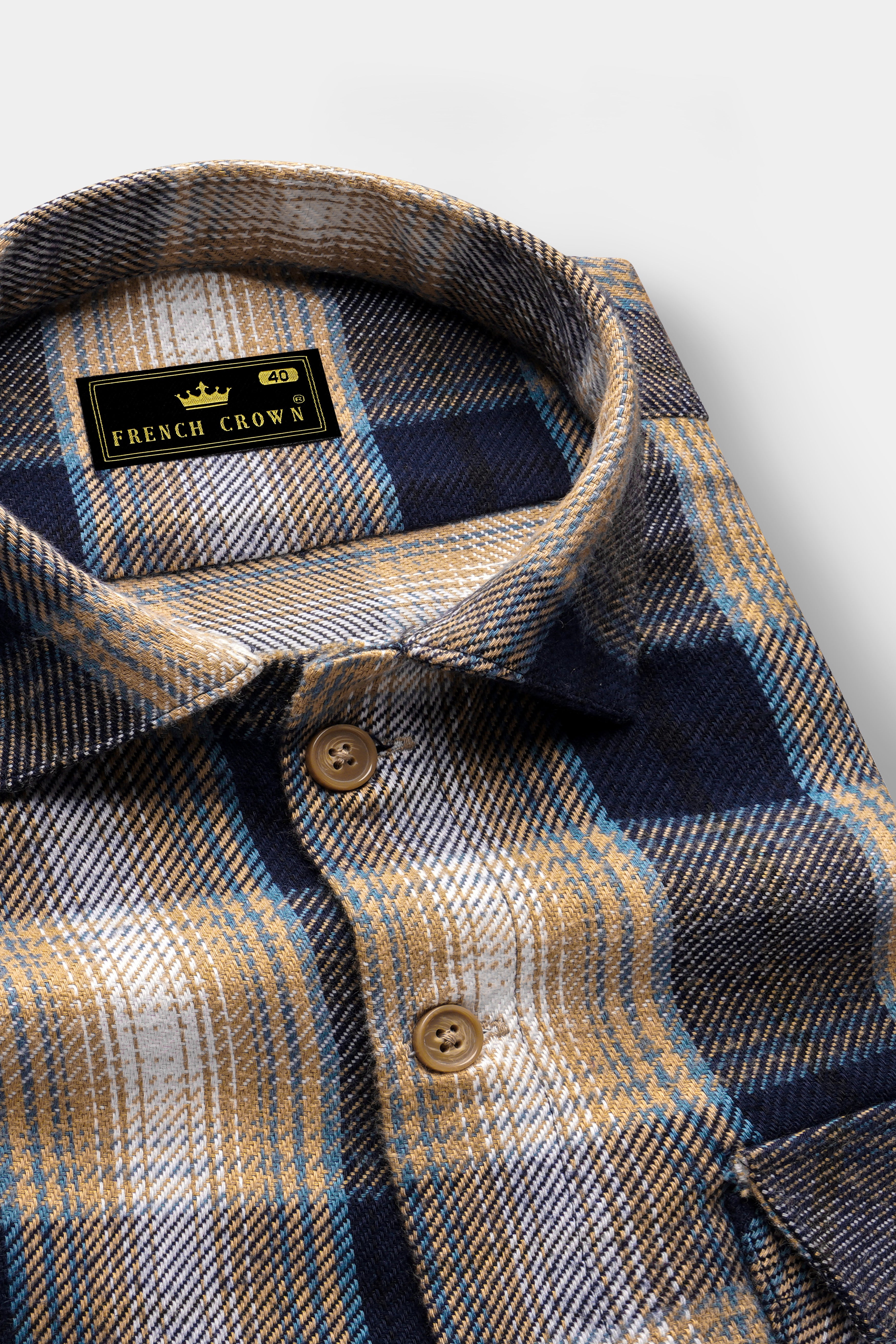 Ebony Clay Blue and Sandrift Brown Plaid Flannel Designer Overshirt/Shacket