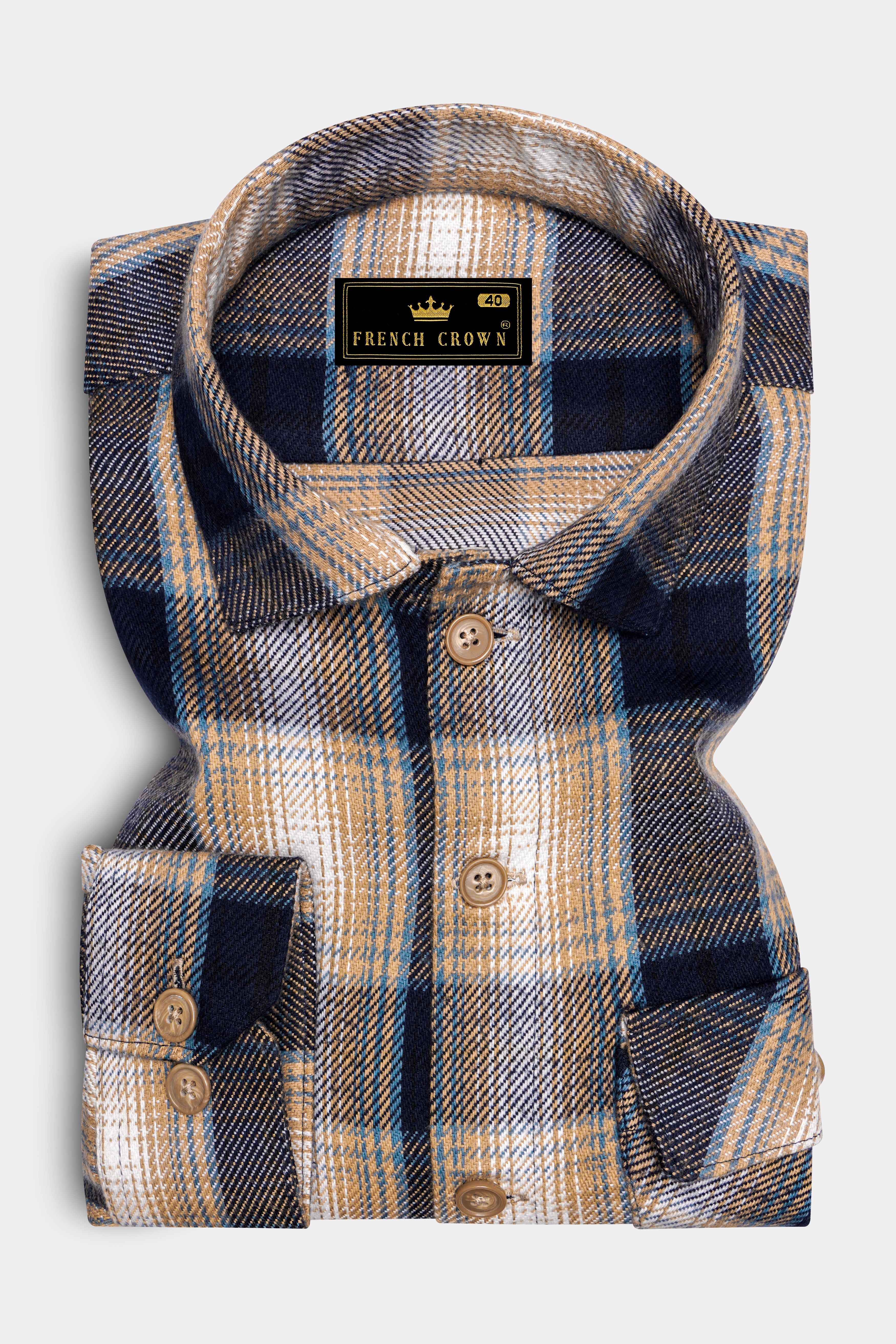 Ebony Clay Blue and Sandrift Brown Plaid Flannel Designer Overshirt/Shacket
