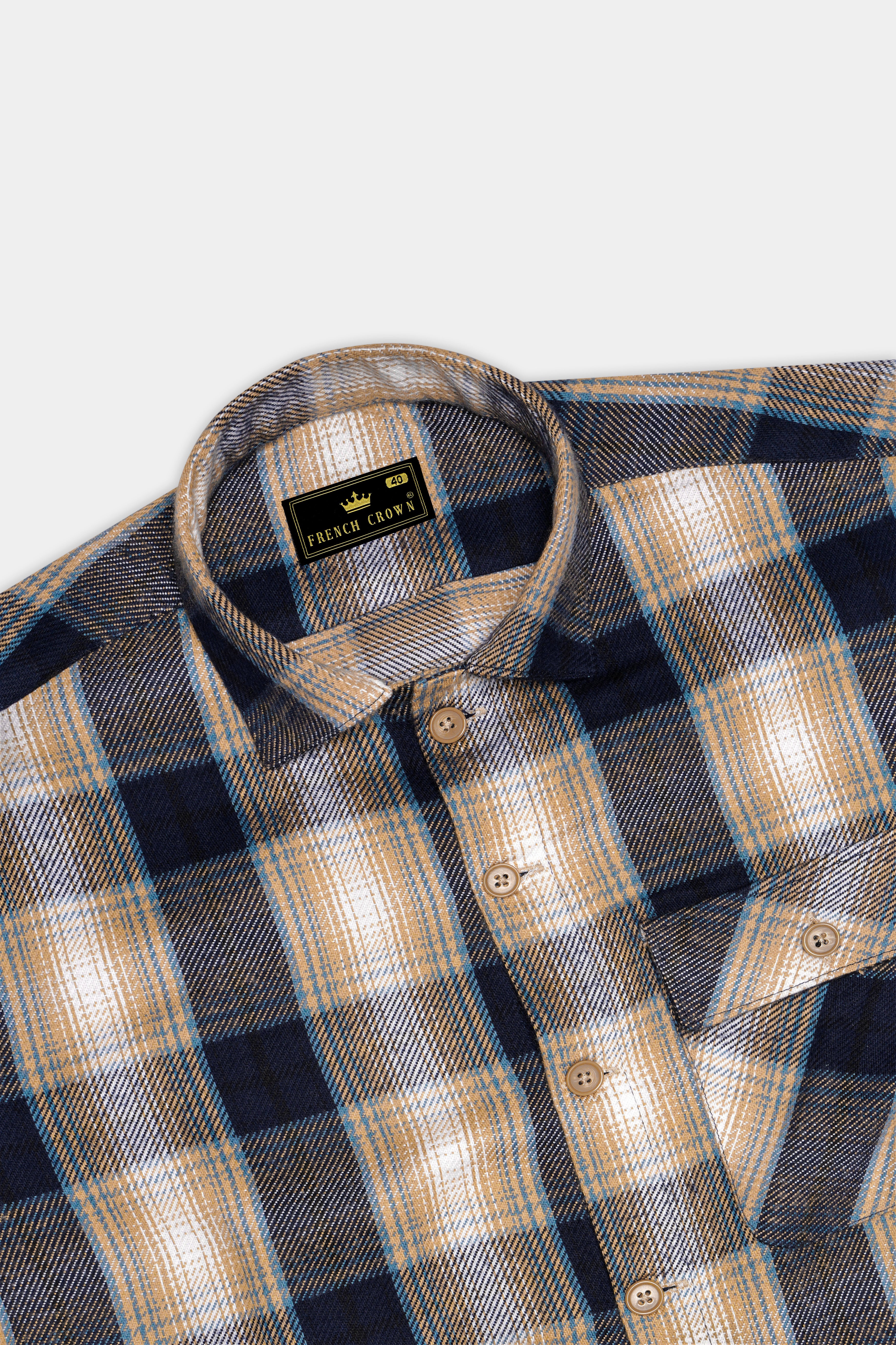 Ebony Clay Blue and Sandrift Brown Plaid Flannel Designer Overshirt/Shacket
