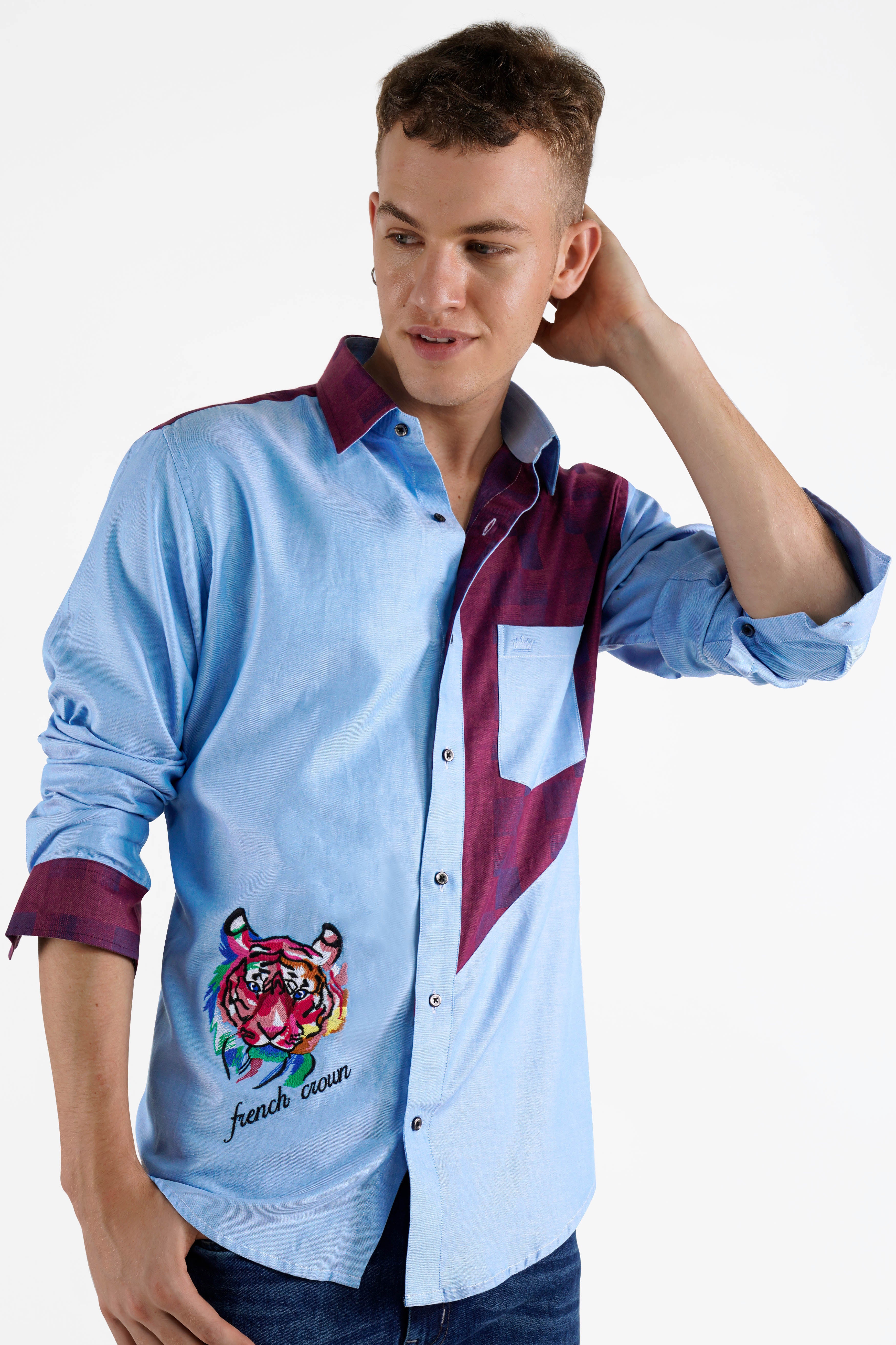 Casper Blue And Eclipse Wine Lion Embroidered Jacquard Textured Premium Cotton Designer Shirt