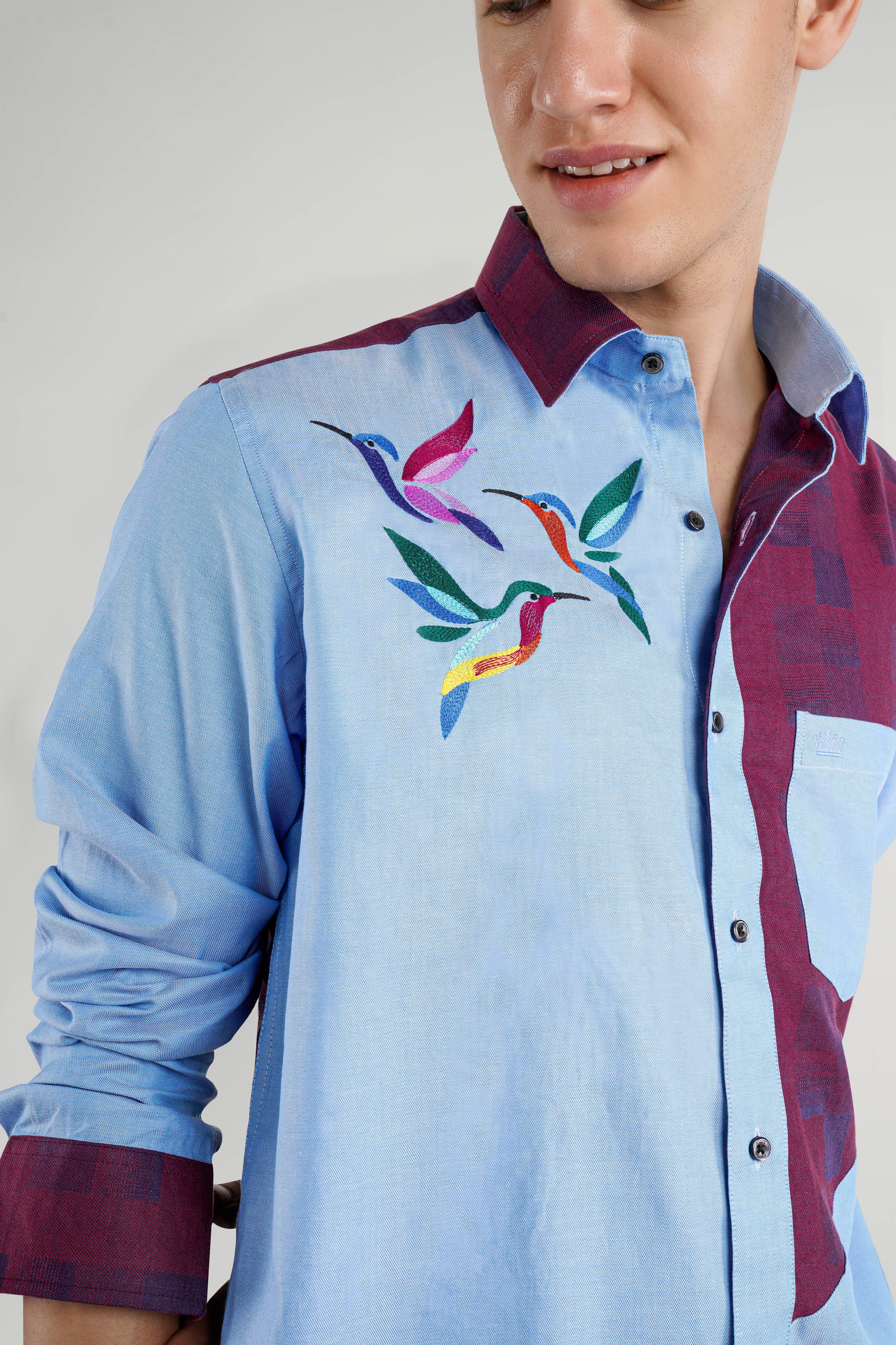 Casper Blue And Eclipse Wine Bird Embroidered Jacquard Textured Premium Cotton Designer Shirt.