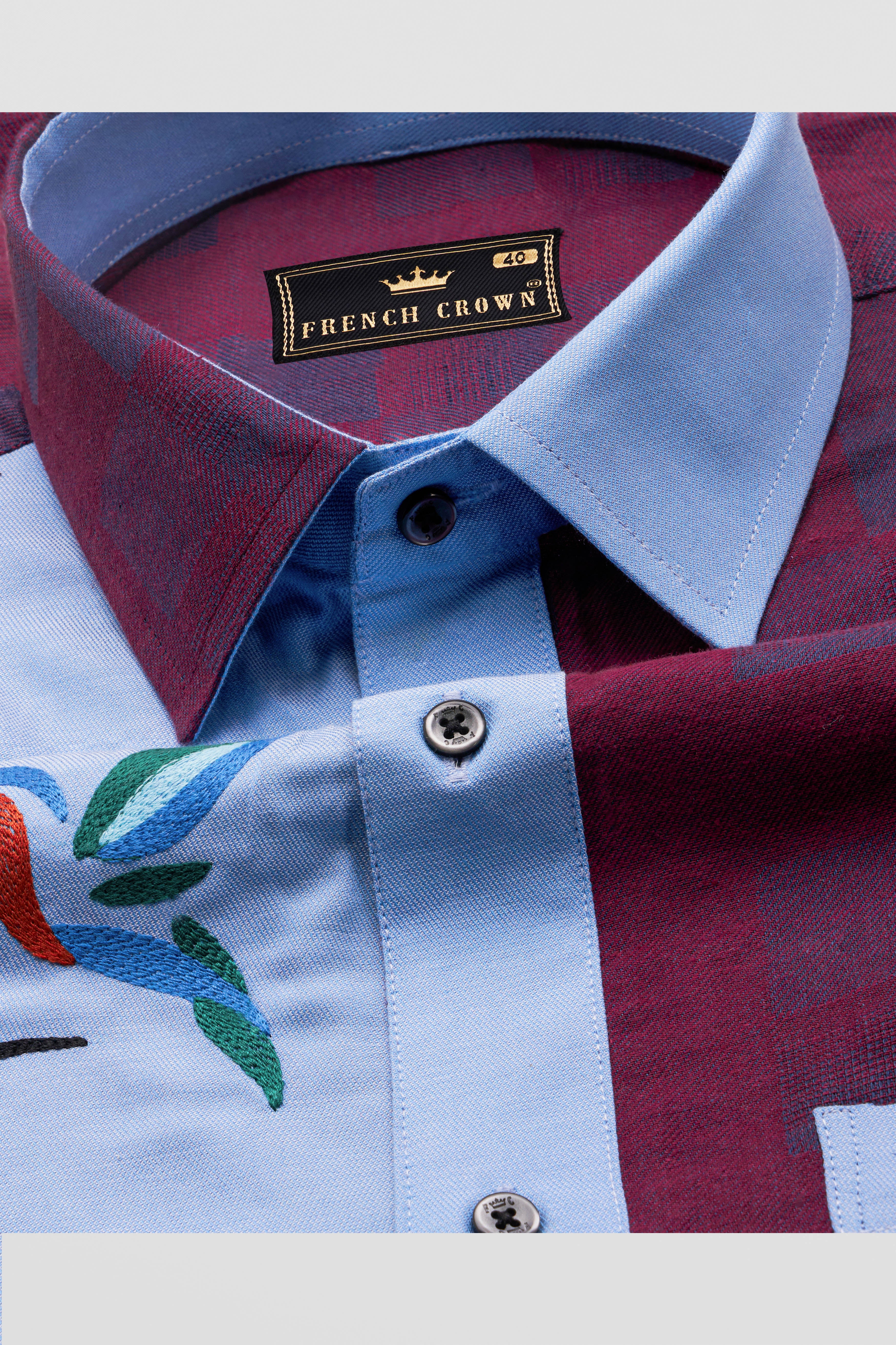 Casper Blue And Eclipse Wine Bird Embroidered Jacquard Textured Premium Cotton Designer Shirt.