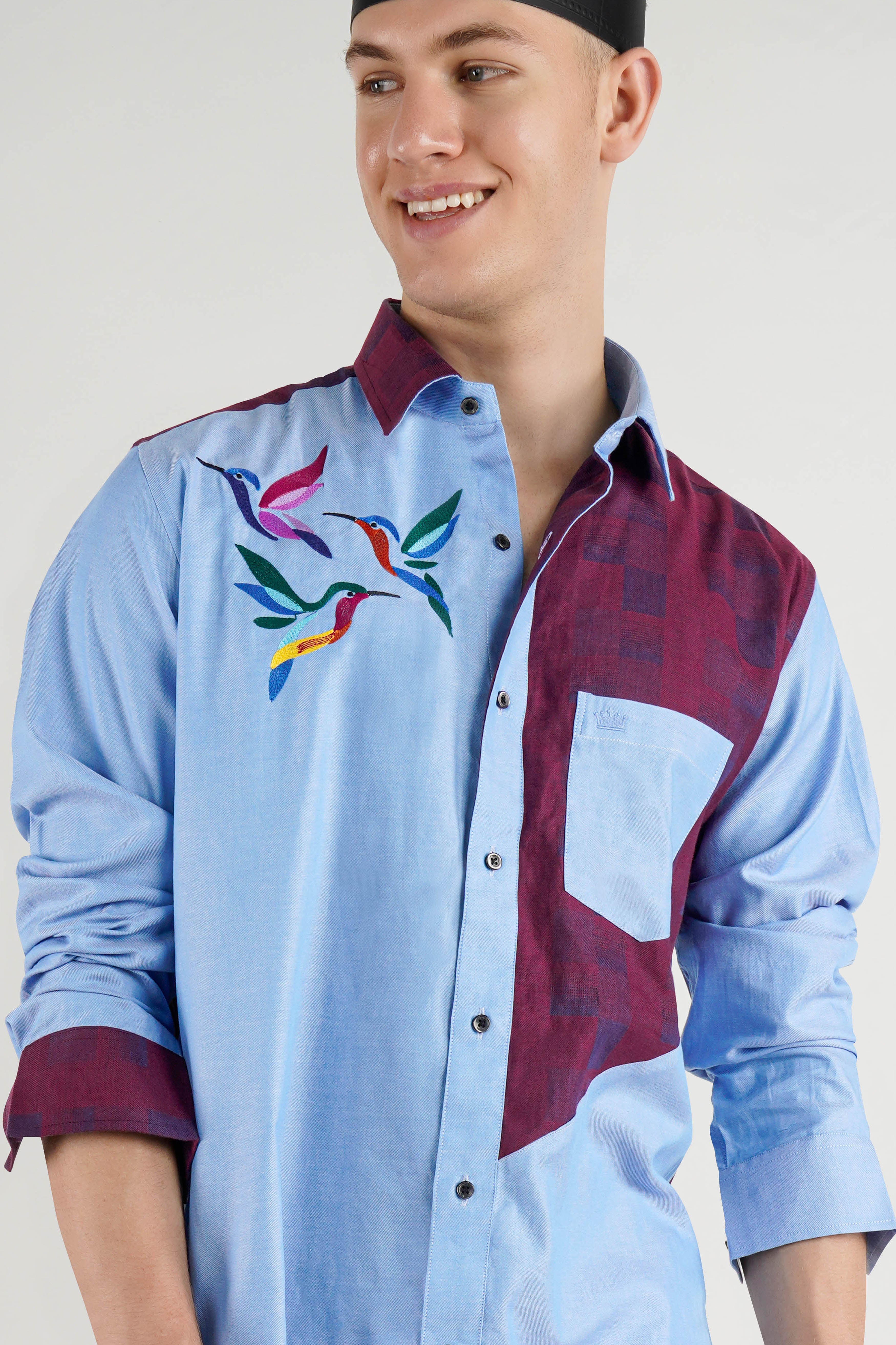 Casper Blue And Eclipse Wine Bird Embroidered Jacquard Textured Premium Cotton Designer Shirt.