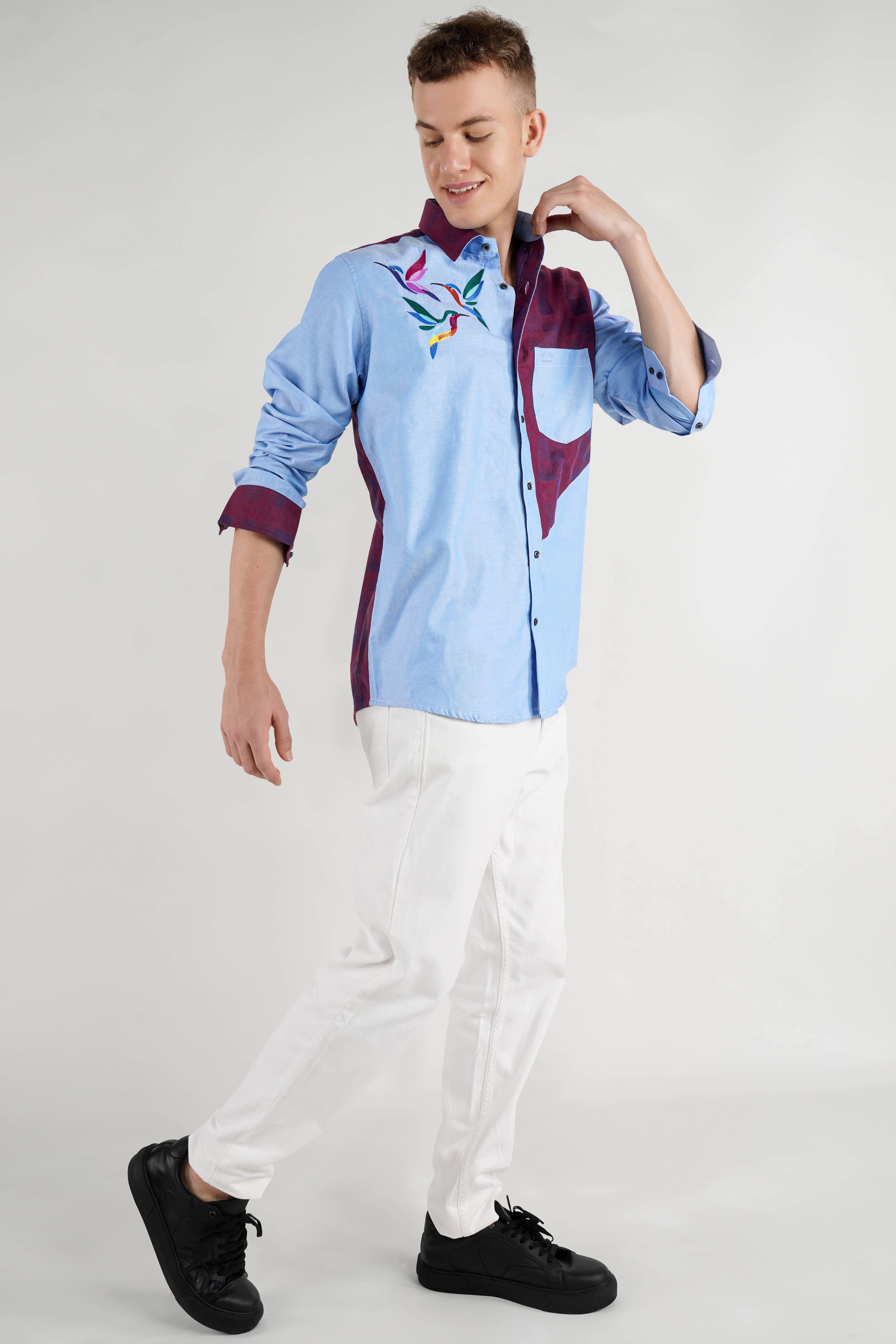 Casper Blue And Eclipse Wine Bird Embroidered Jacquard Textured Premium Cotton Designer Shirt.