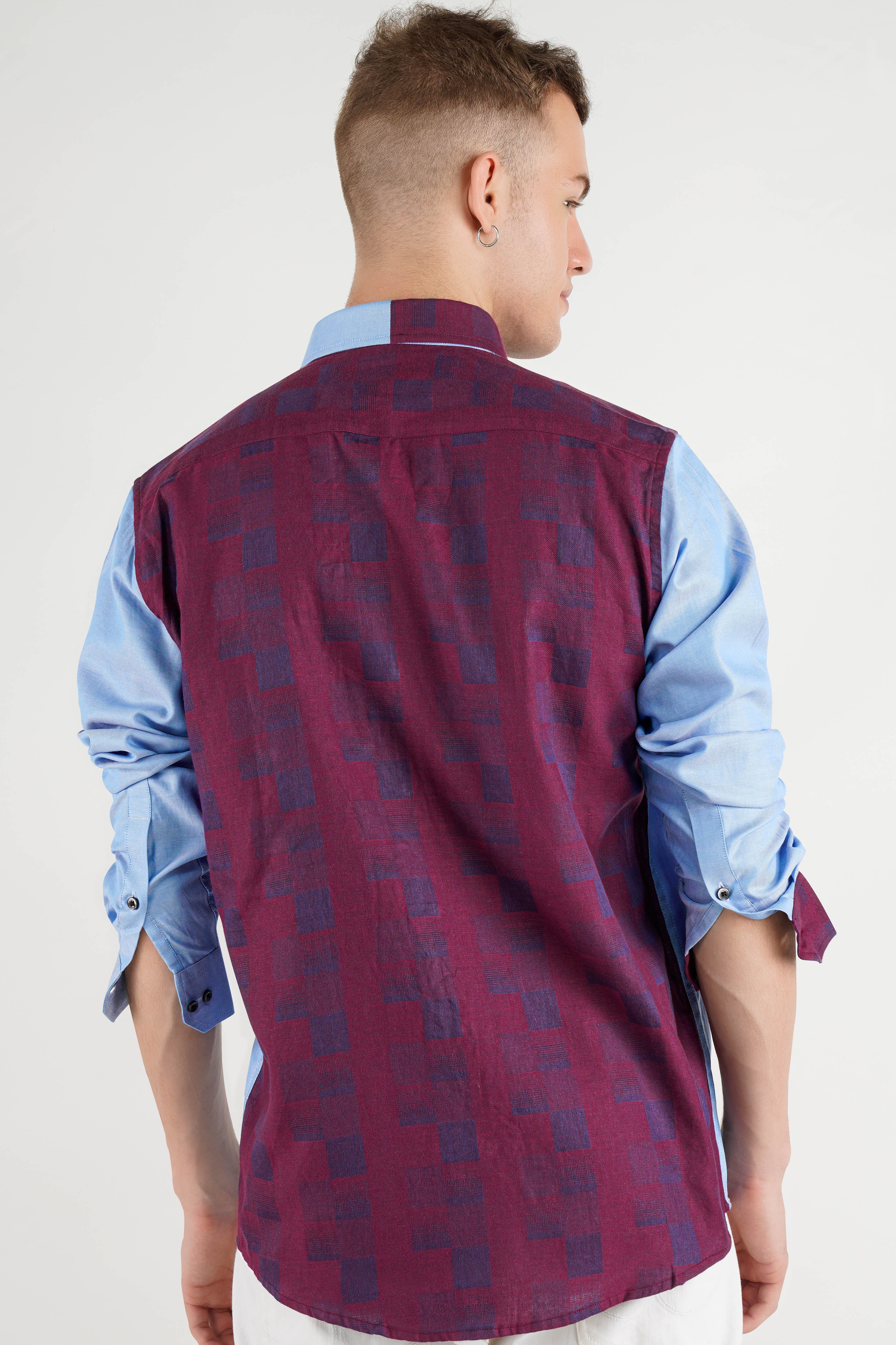 Casper Blue And Eclipse Wine Bird Embroidered Jacquard Textured Premium Cotton Designer Shirt.
