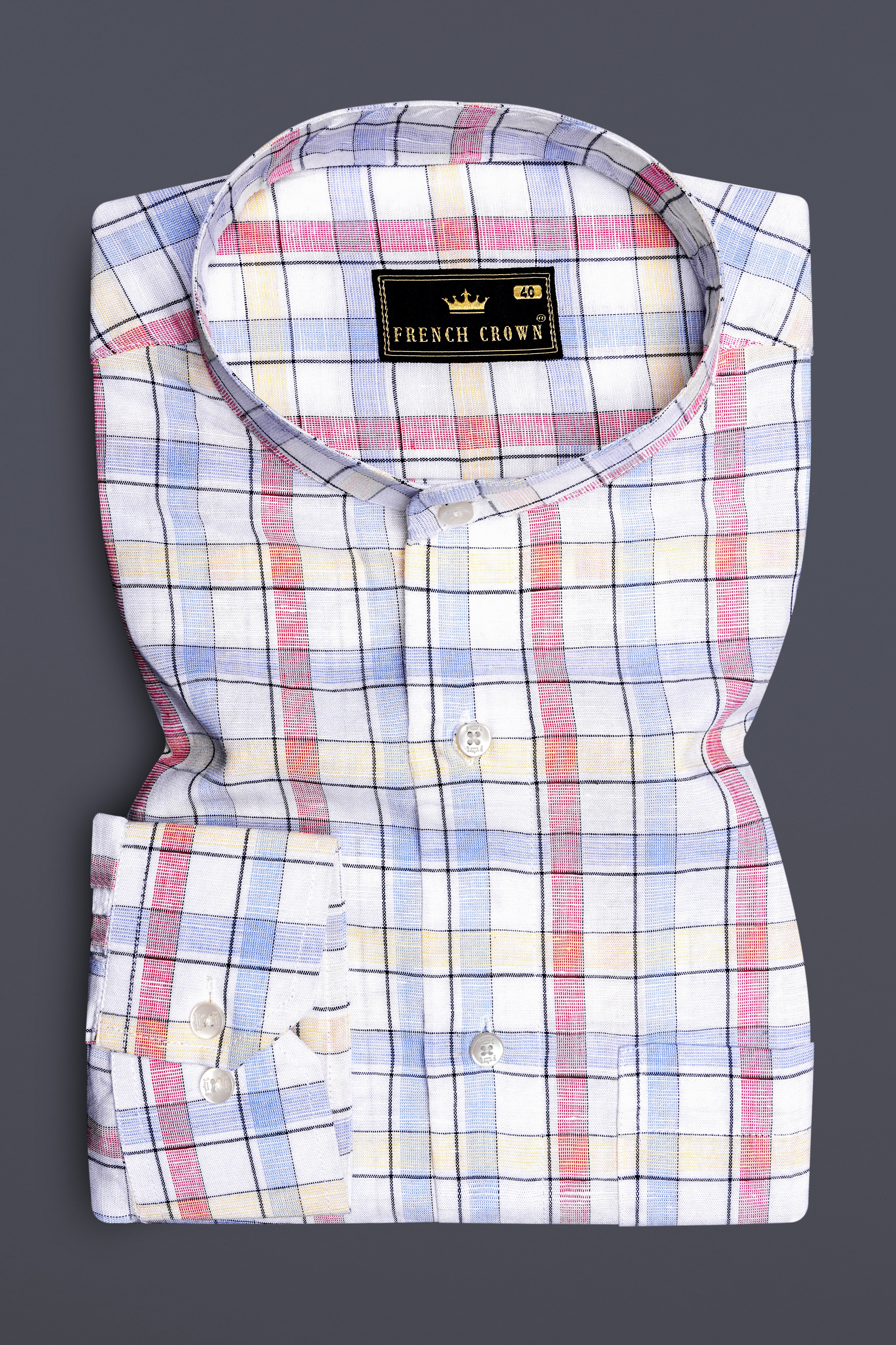 Bright White And Multi Coloured Windowpane Luxurious Linen Shirt
