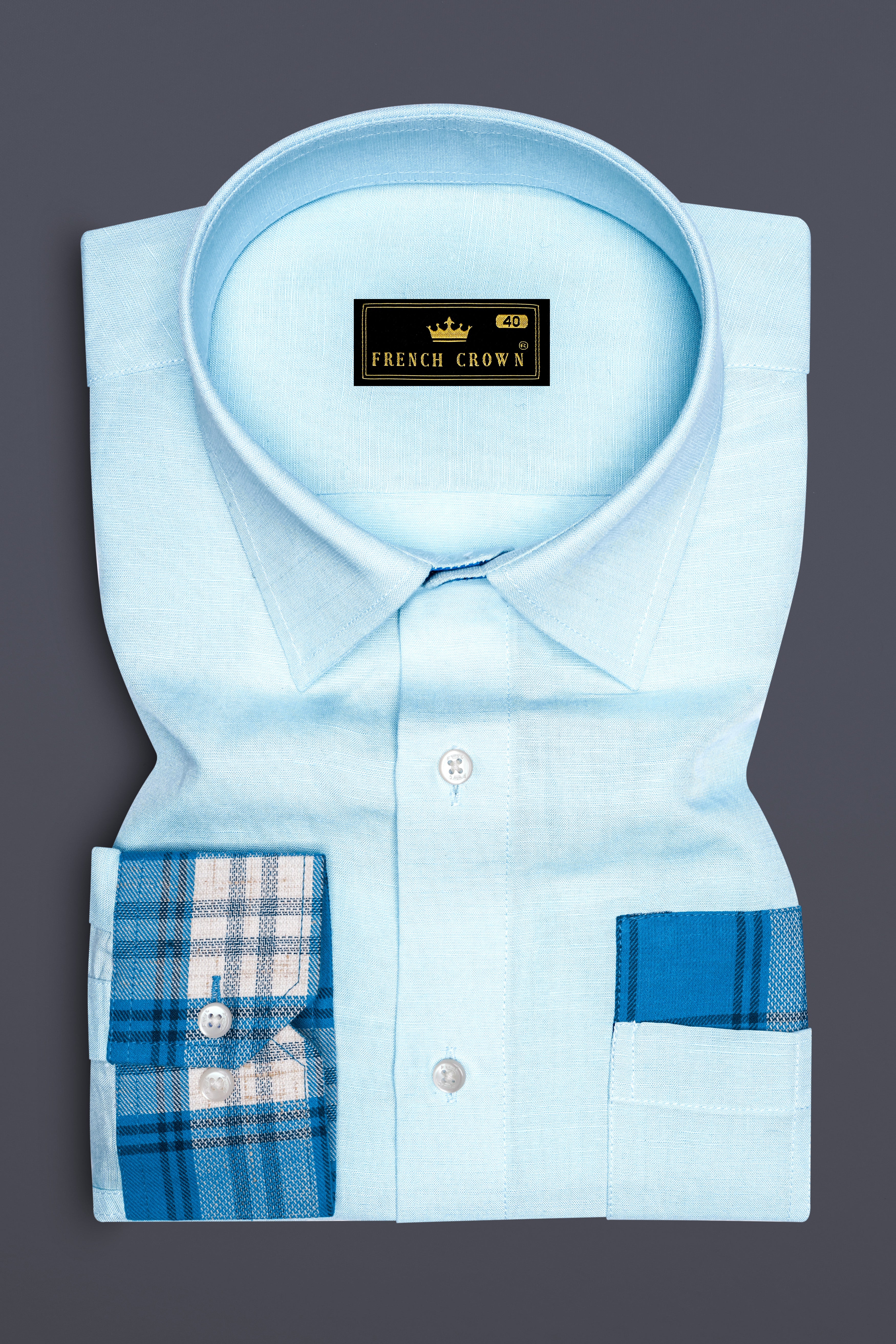 Botticelli Blue With Multi Colored Plaid Luxurious Linen Half and Half Designer Shirt