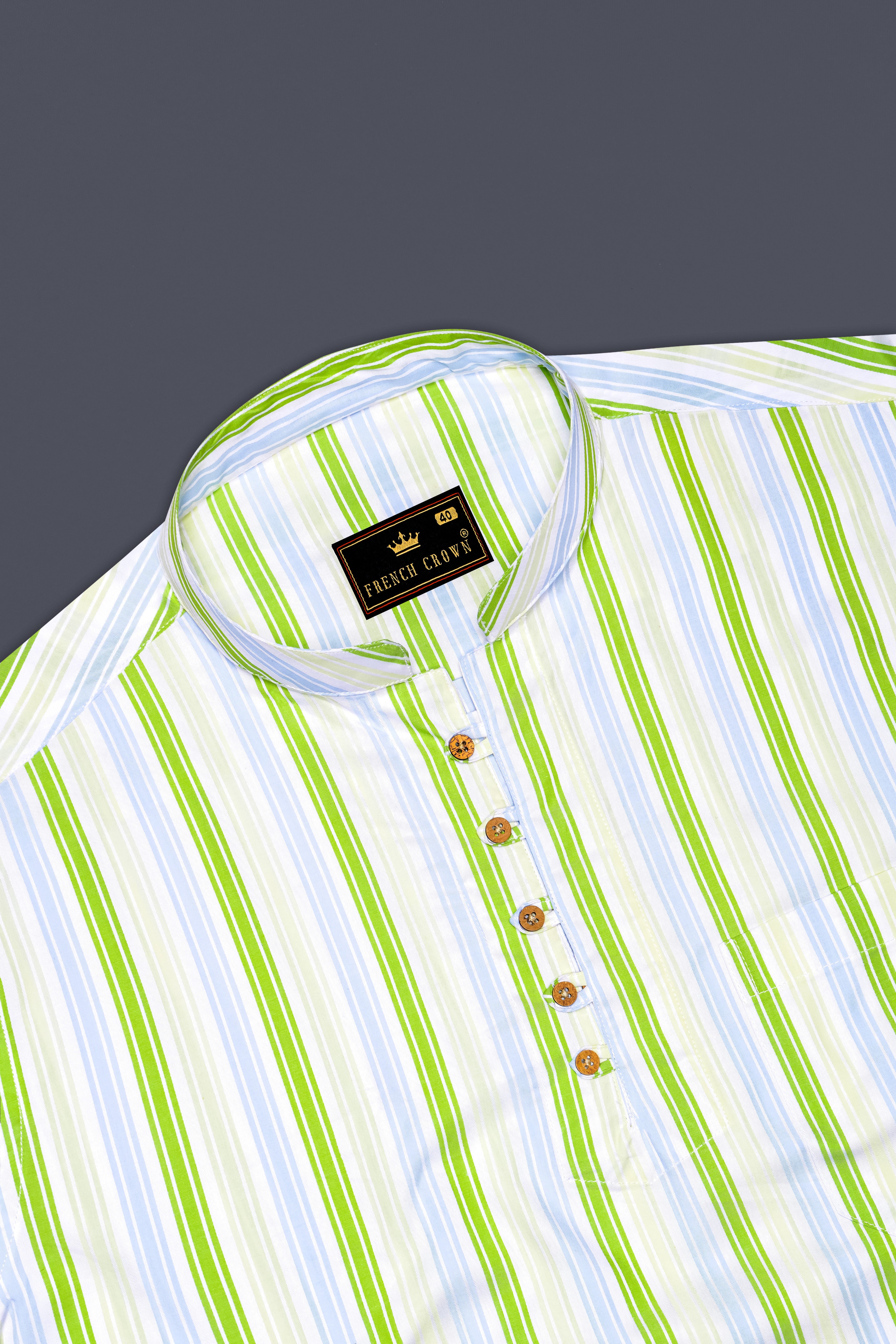 Conifer Green and Bright White Striped Dobby Textured Premium Giza Cotton Kurta Shirt
