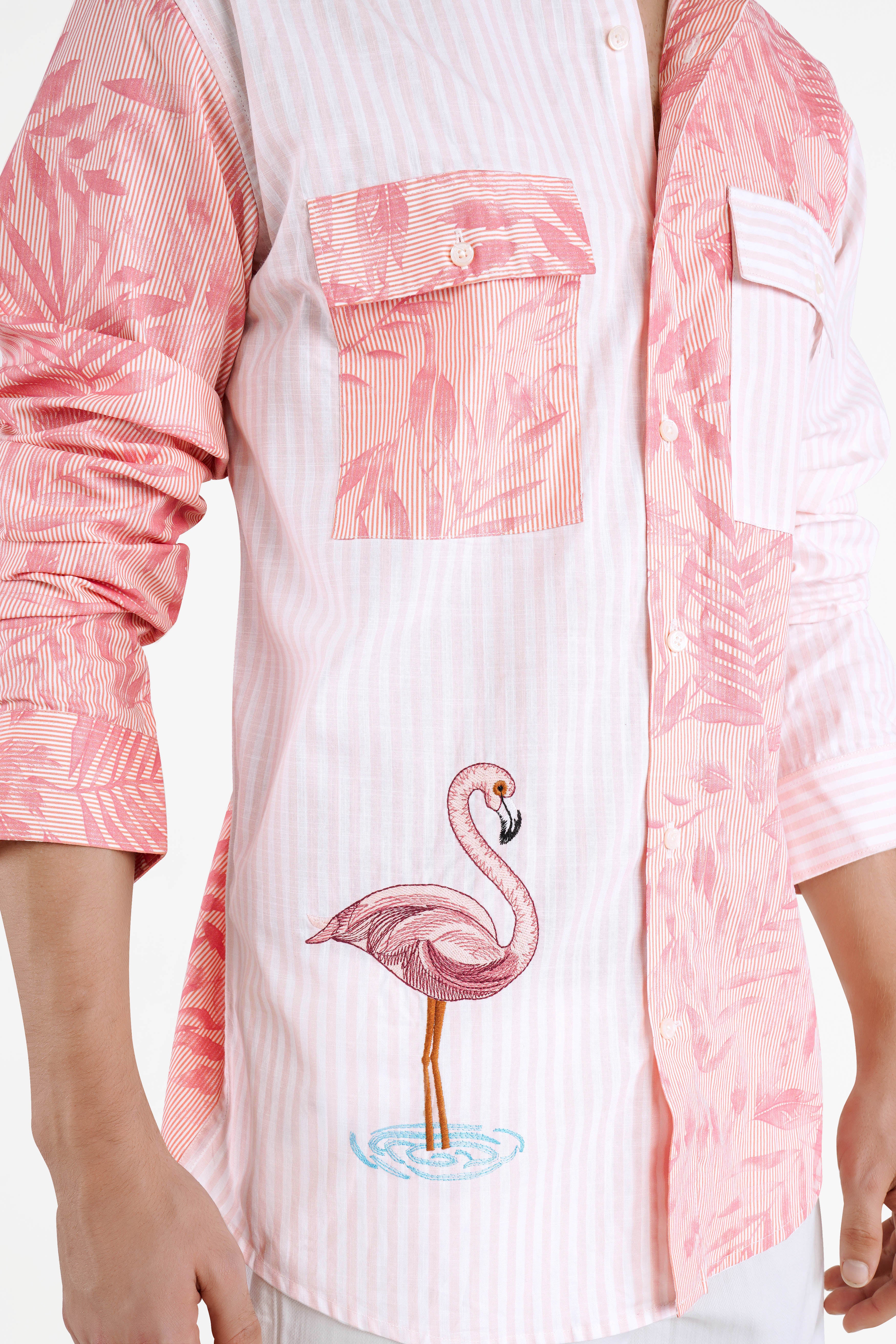 Salmon Peach with Flamingo Bird Embroidered Premium Cotton Designer Shirt