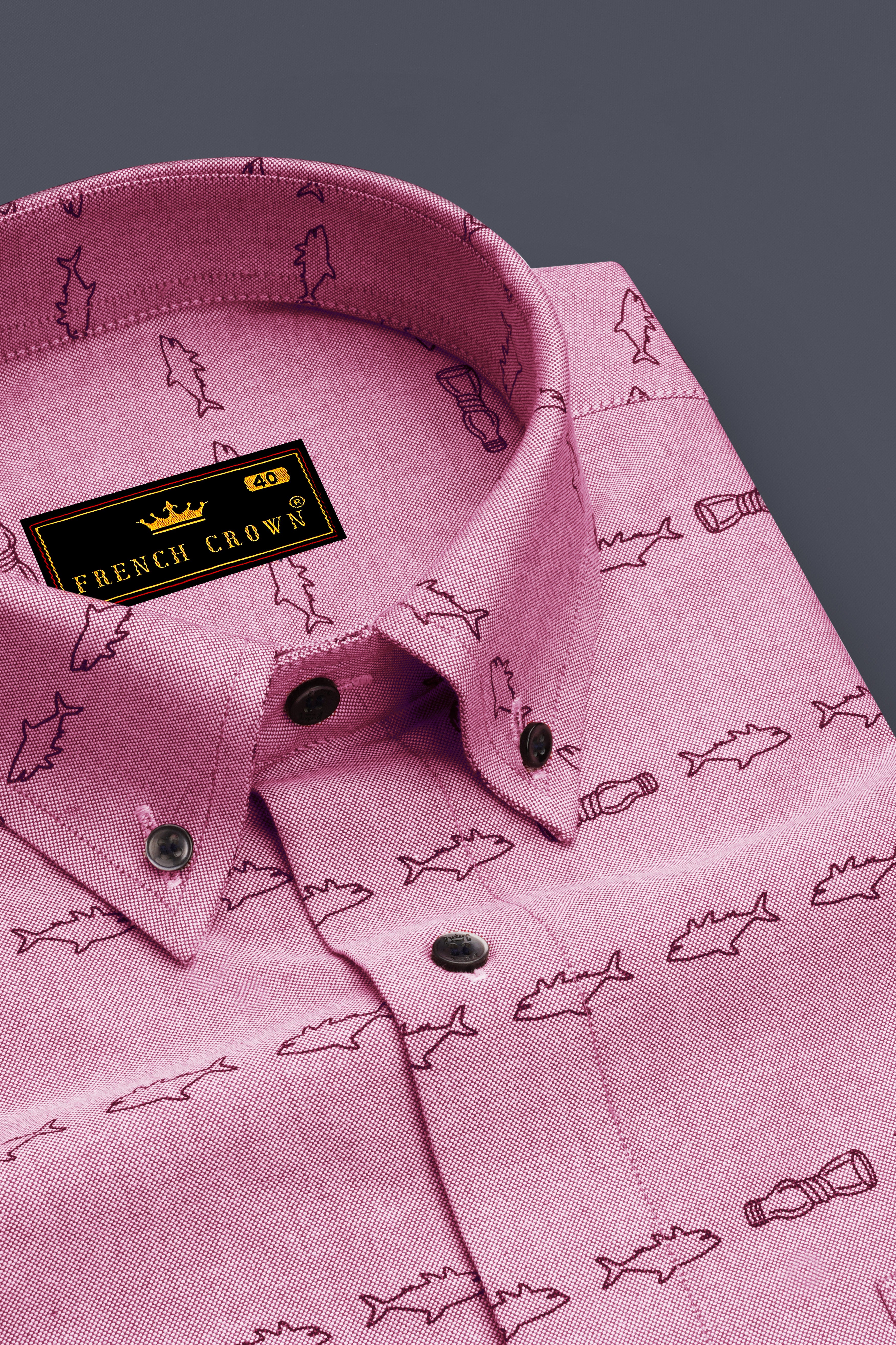 Falcon Pink With Blue Fish Printed Royal Oxford Shirt