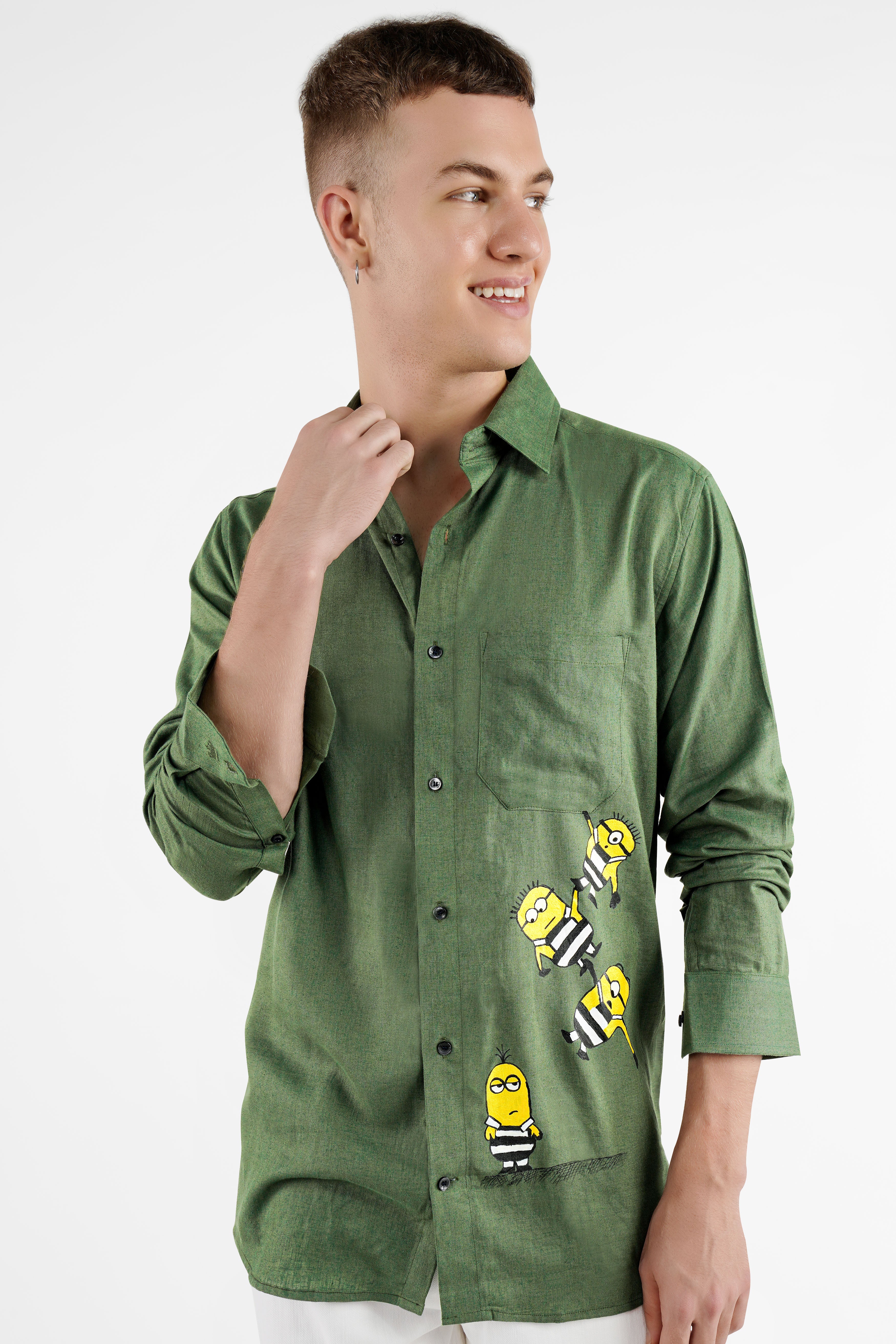 Finch Green Minion Hand Painted Luxurious Linen Designer Shirt