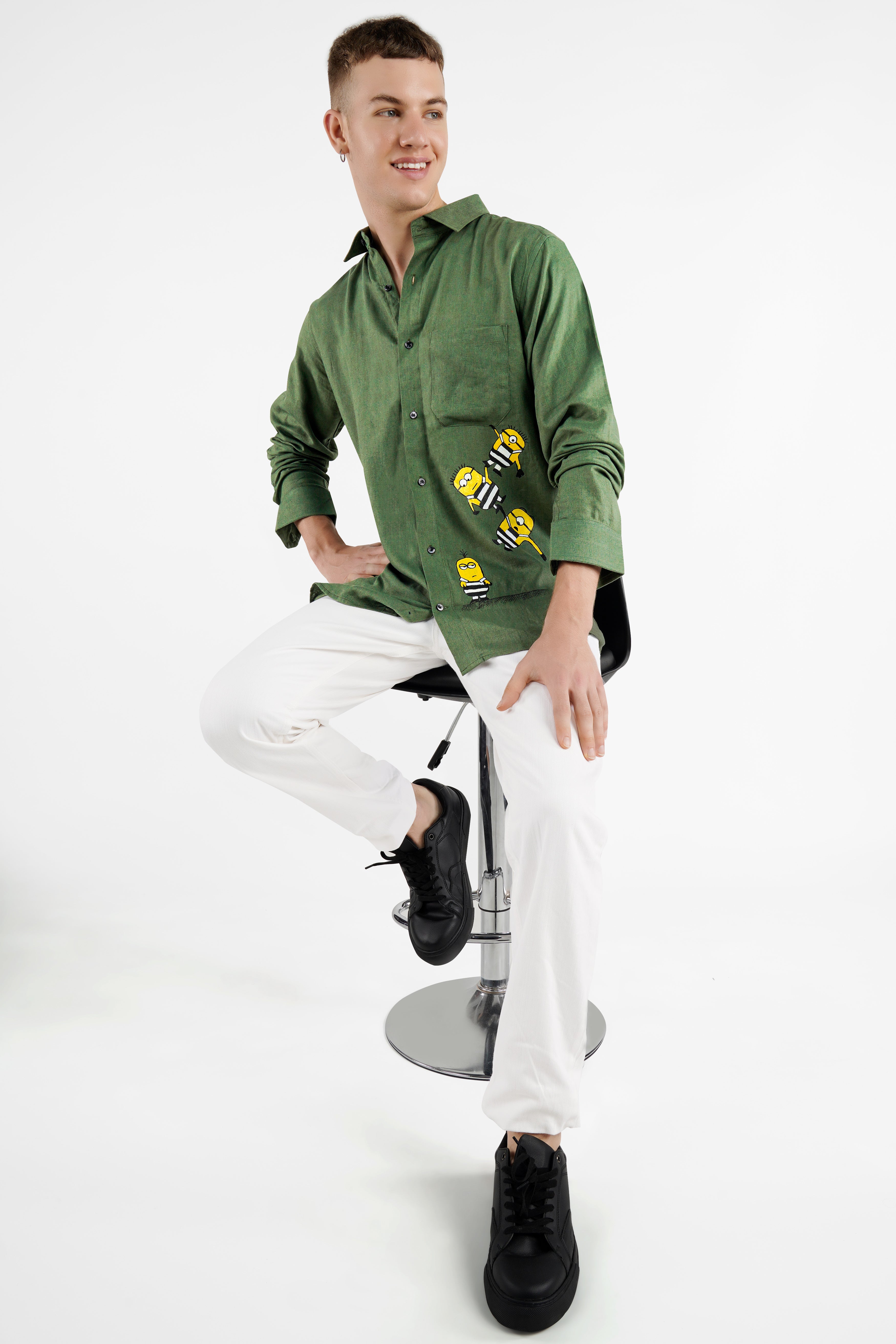 Finch Green Minion Hand Painted Luxurious Linen Designer Shirt