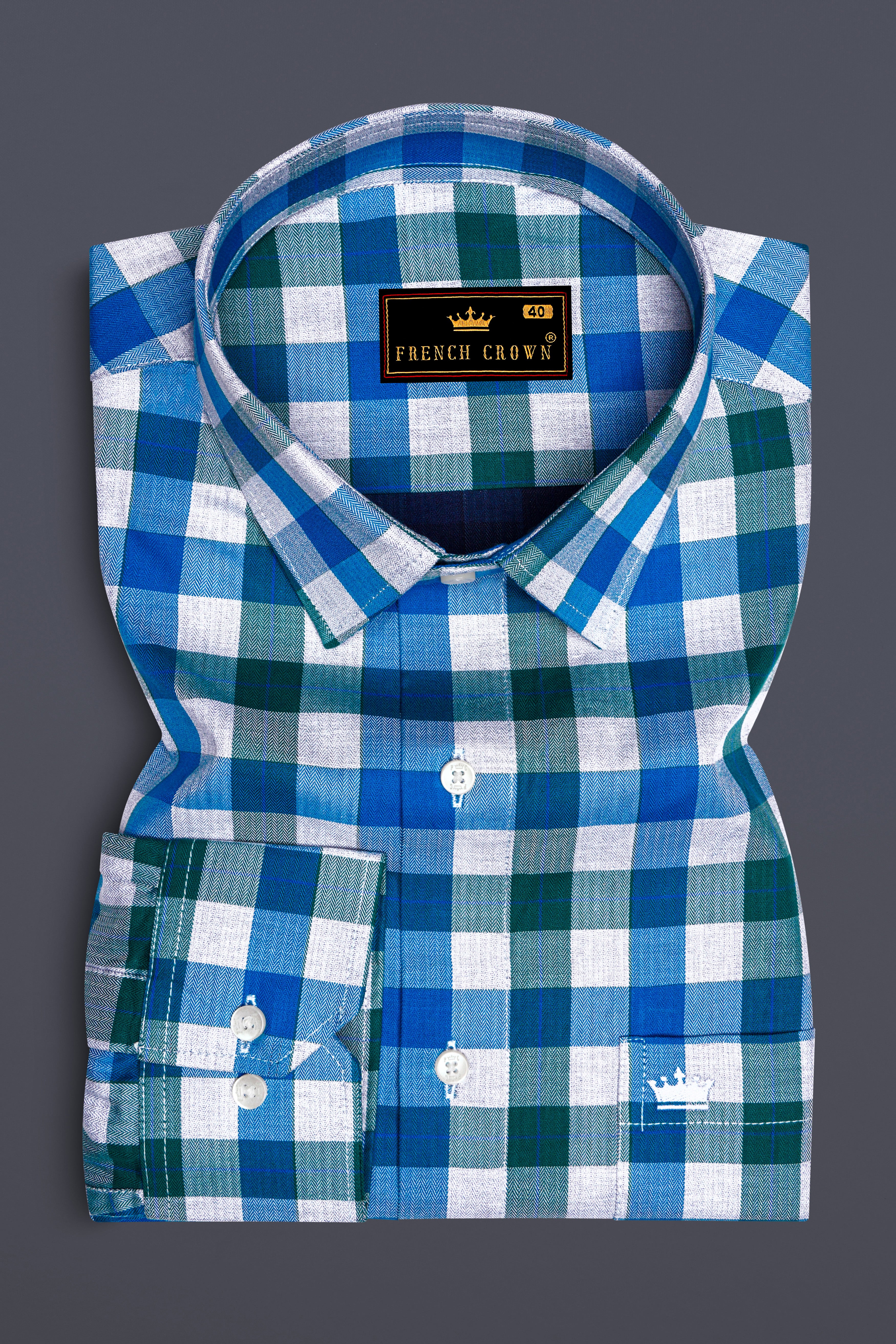 Mackerel Blue and Surfie Green Checkered Herringbone Premium Cotton Shirt