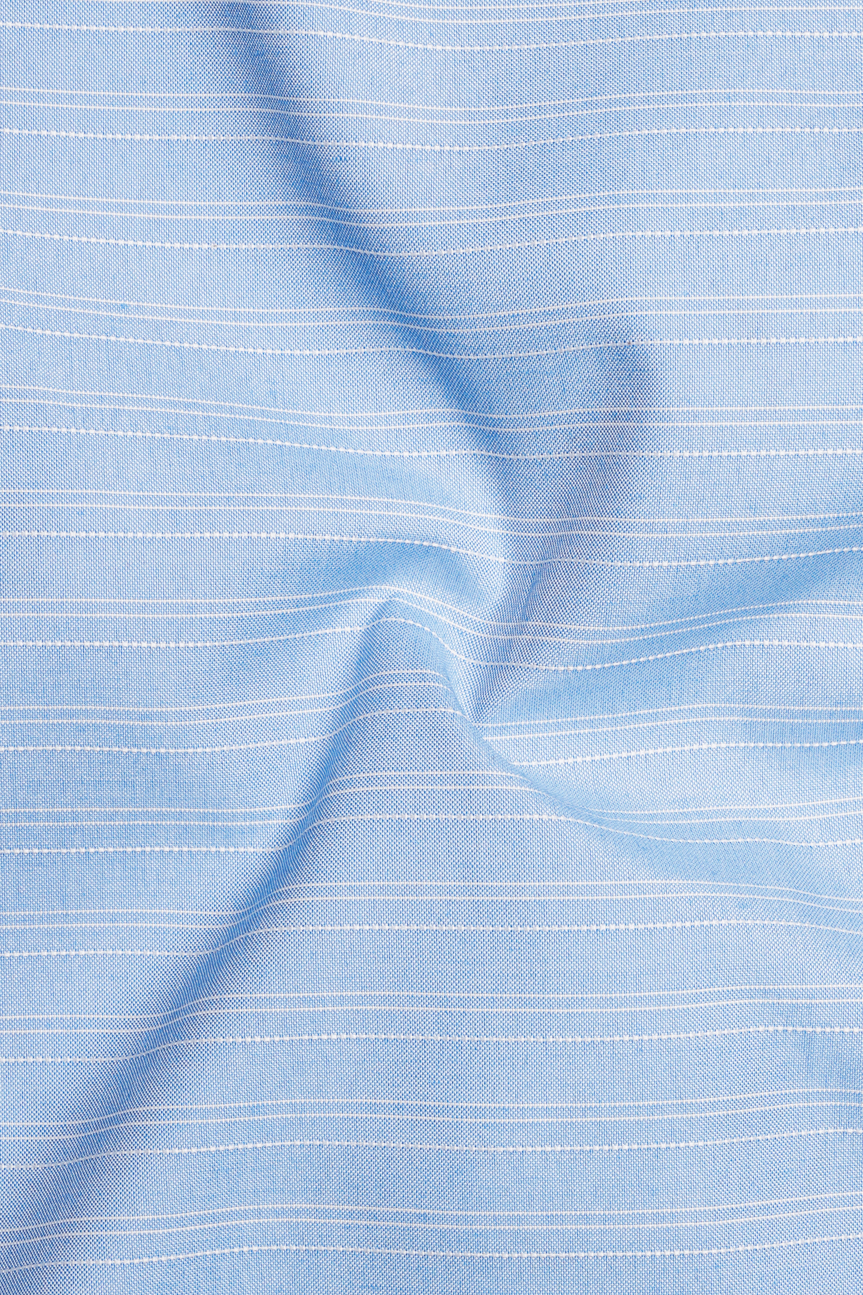 Pale Cerulean Blue With White Striped Dobby Textured Premium Giza Cotton Shirt