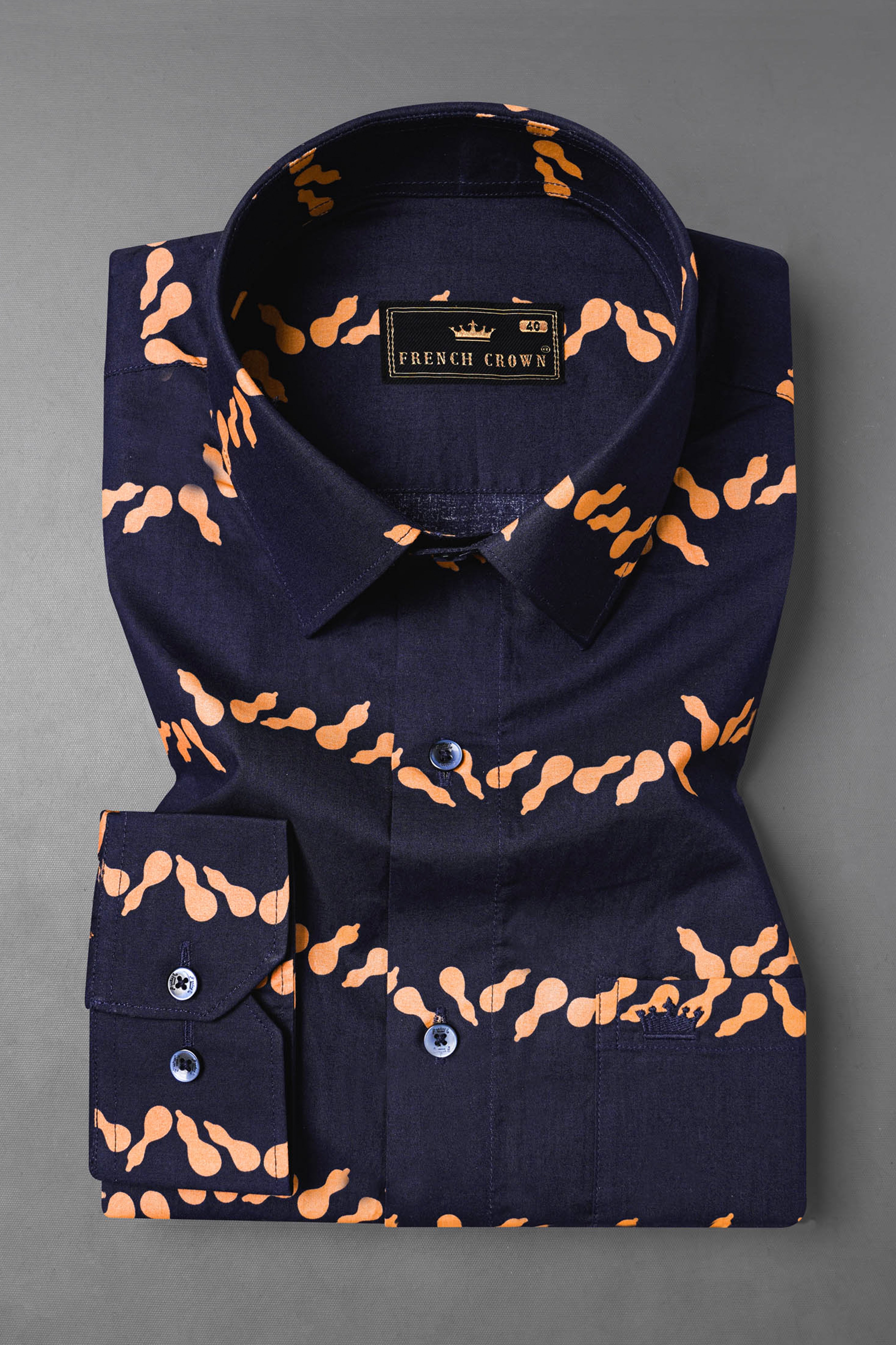 Gunmetal Blue With Melon Orange Printed Premium Cotton Shirt