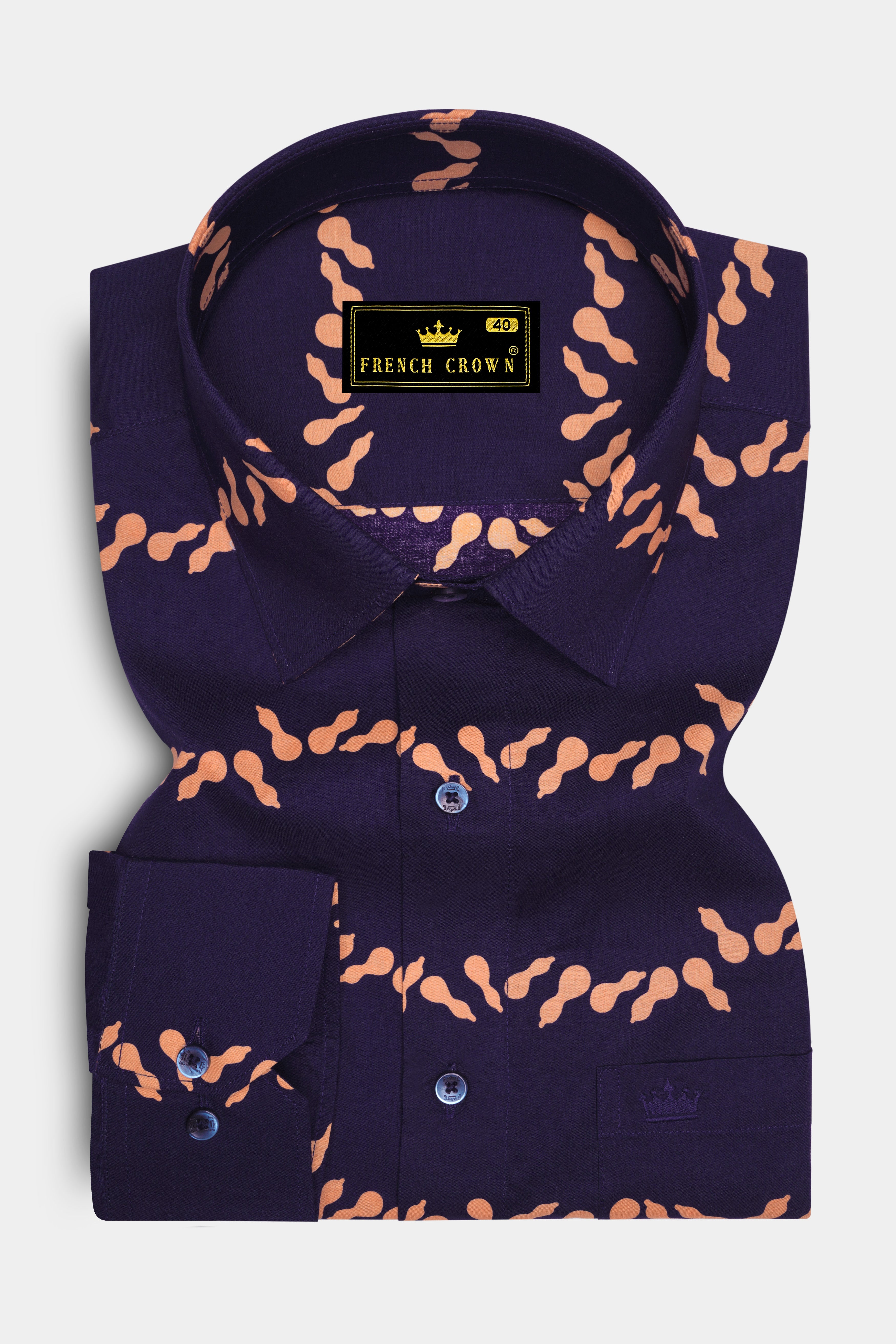 Gunmetal Blue With Melon Orange Printed Premium Cotton Shirt