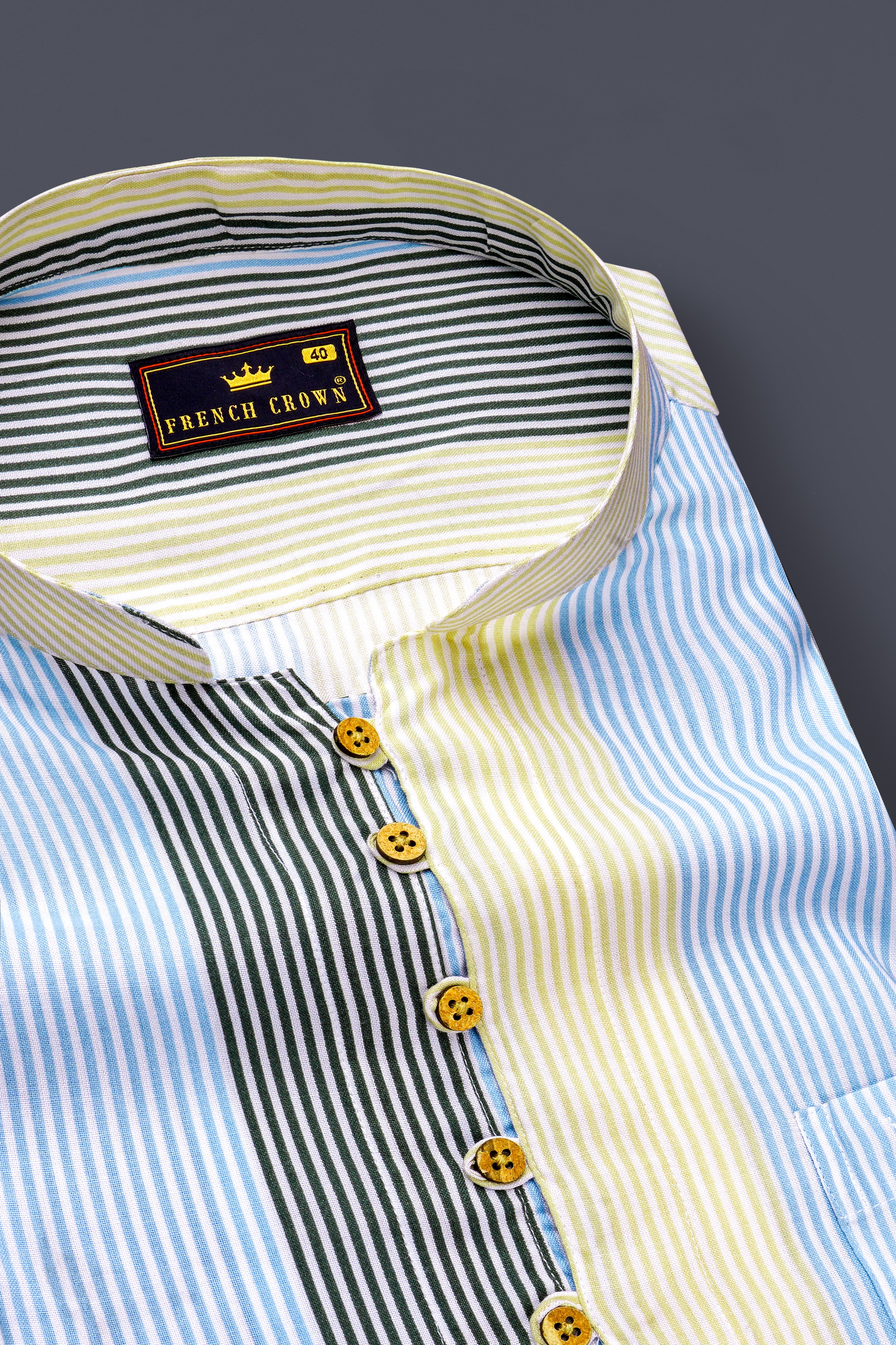 Raffia Beige with Botticelli Blue and Asparagus Green Pinstriped Tencel Premium Cotton Kurta Shirt