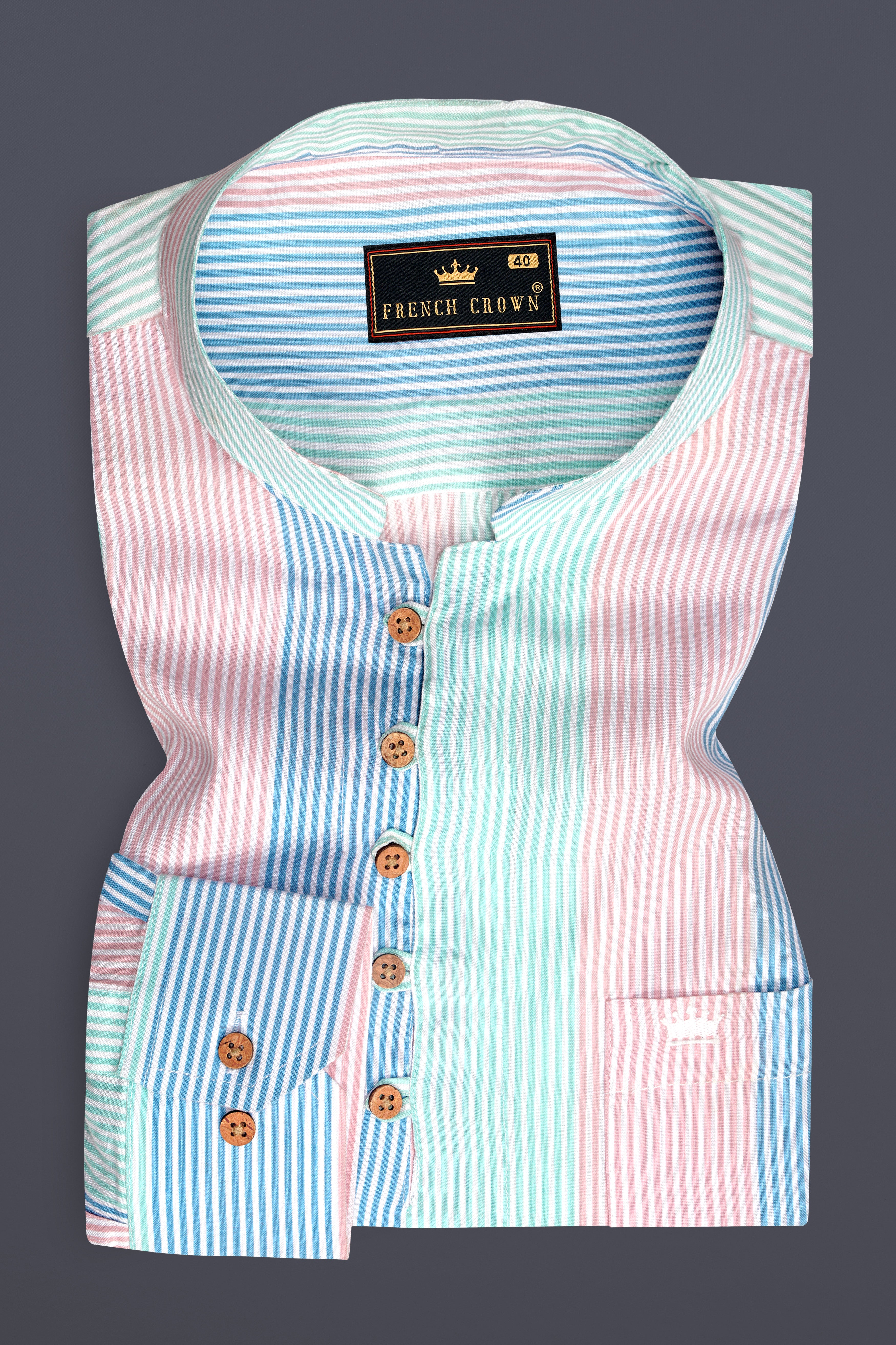 Blossom Pink with Glacier Blue and Riptide Green Pinstriped Premium Tencel Kurta Shirt