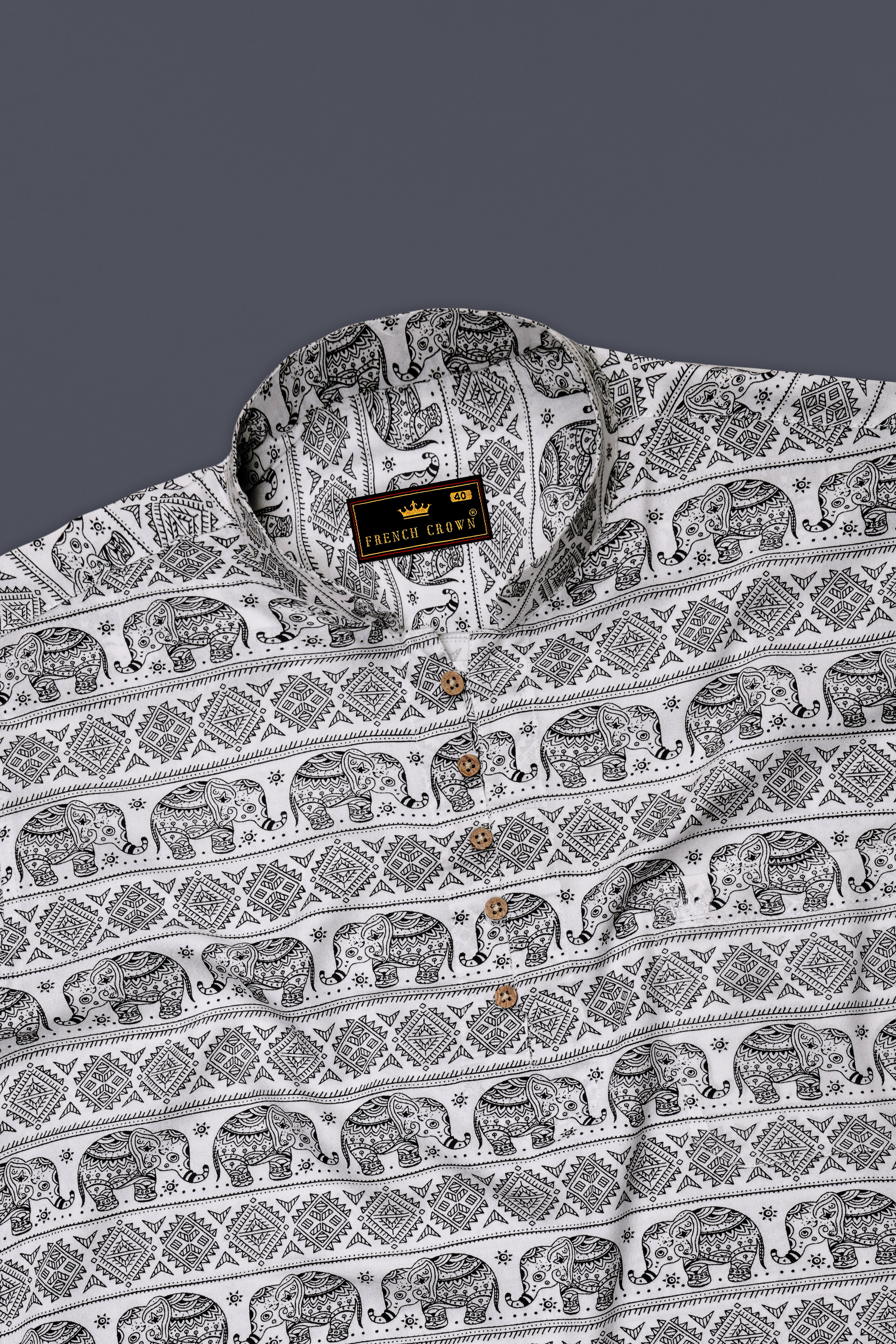 Bright White and Black Tribal Printed Premium Tencel Kurta Shirt