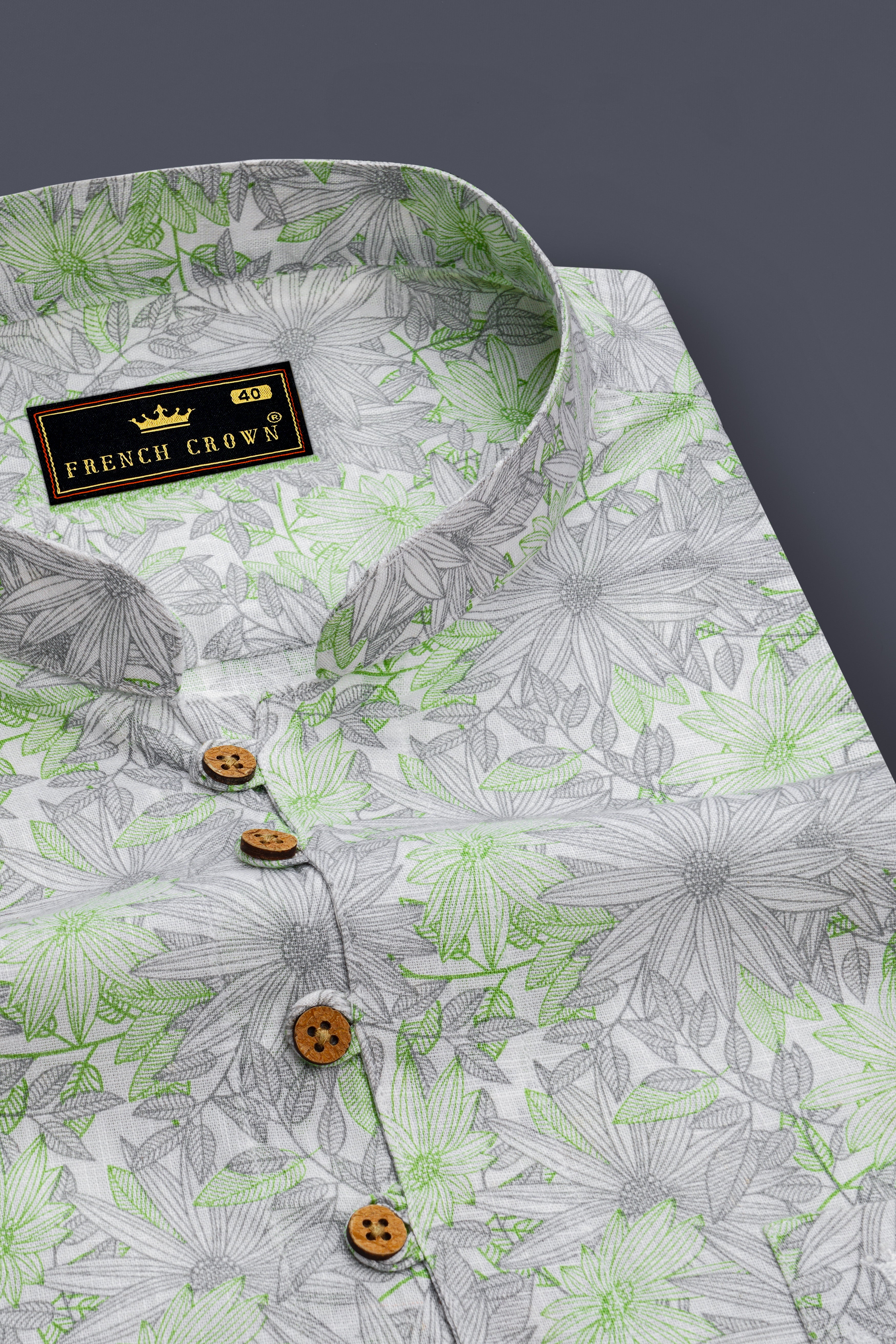 Olivine Green With White Floral Printed Luxurious Linen Kurta Shirt