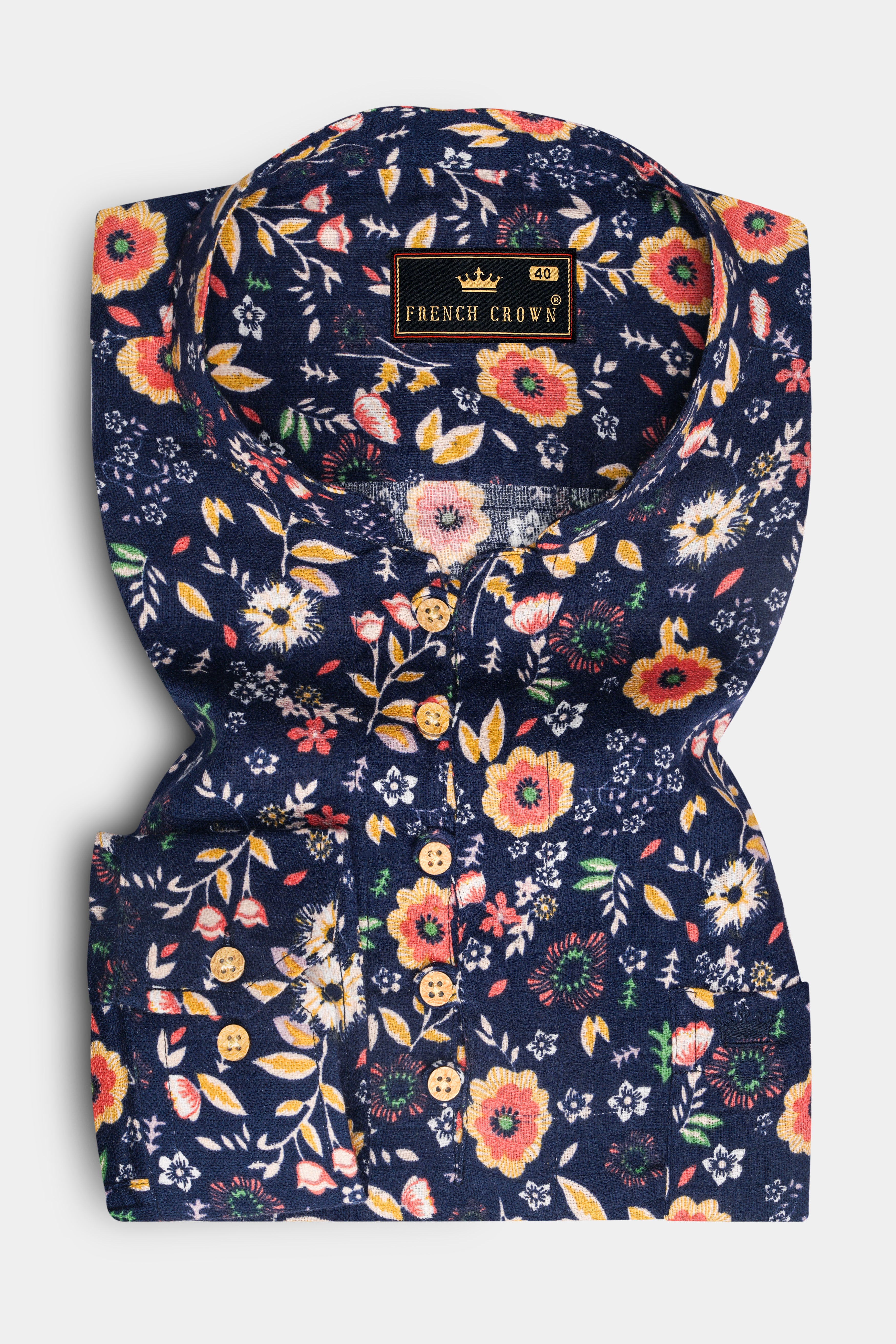 Tuna Blue With Multicolored Ditzy Floral Printed Dobby Textured Premium Giza Cotton Kurta Shirt