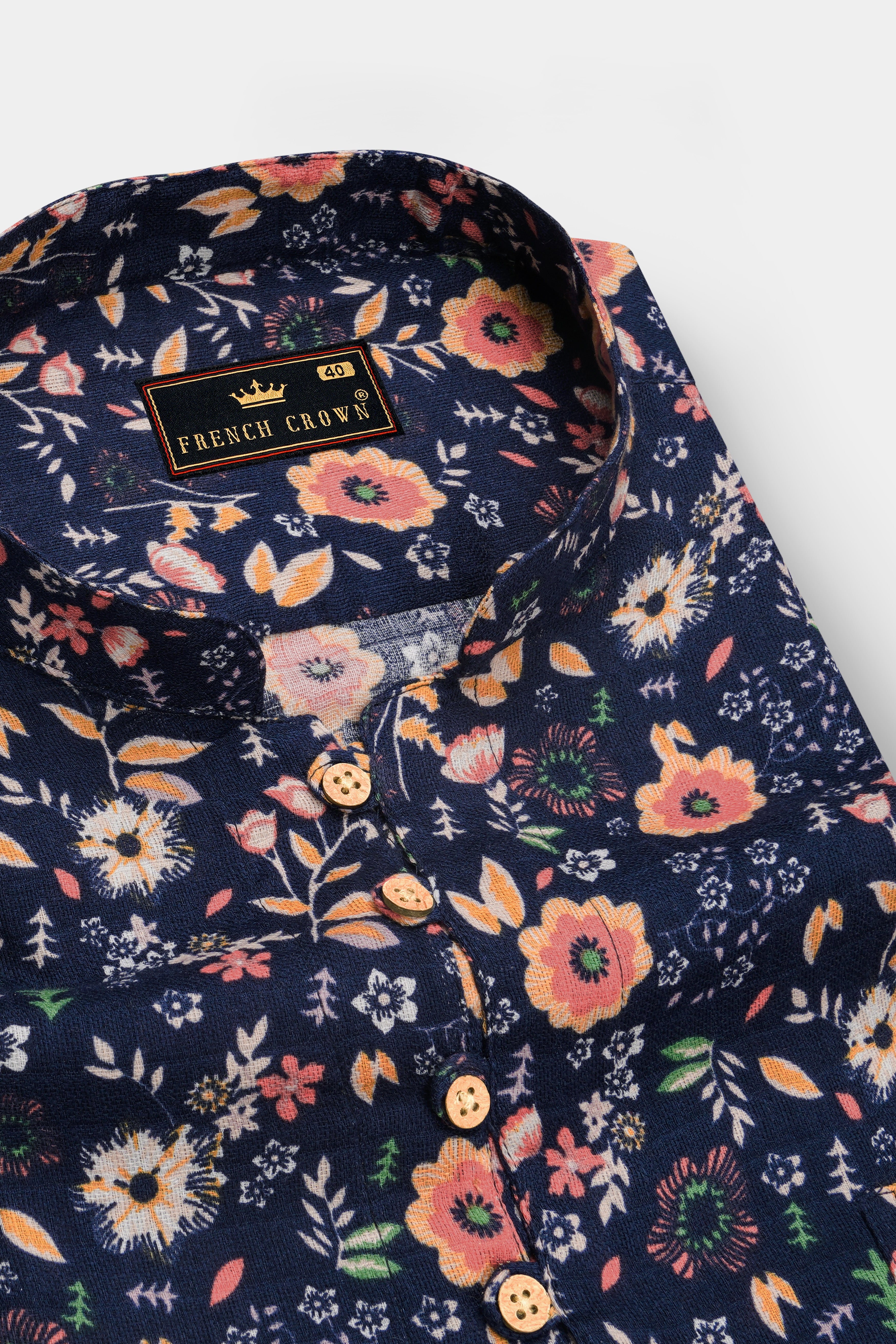 Tuna Blue With Multicolored Ditzy Floral Printed Dobby Textured Premium Giza Cotton Kurta Shirt