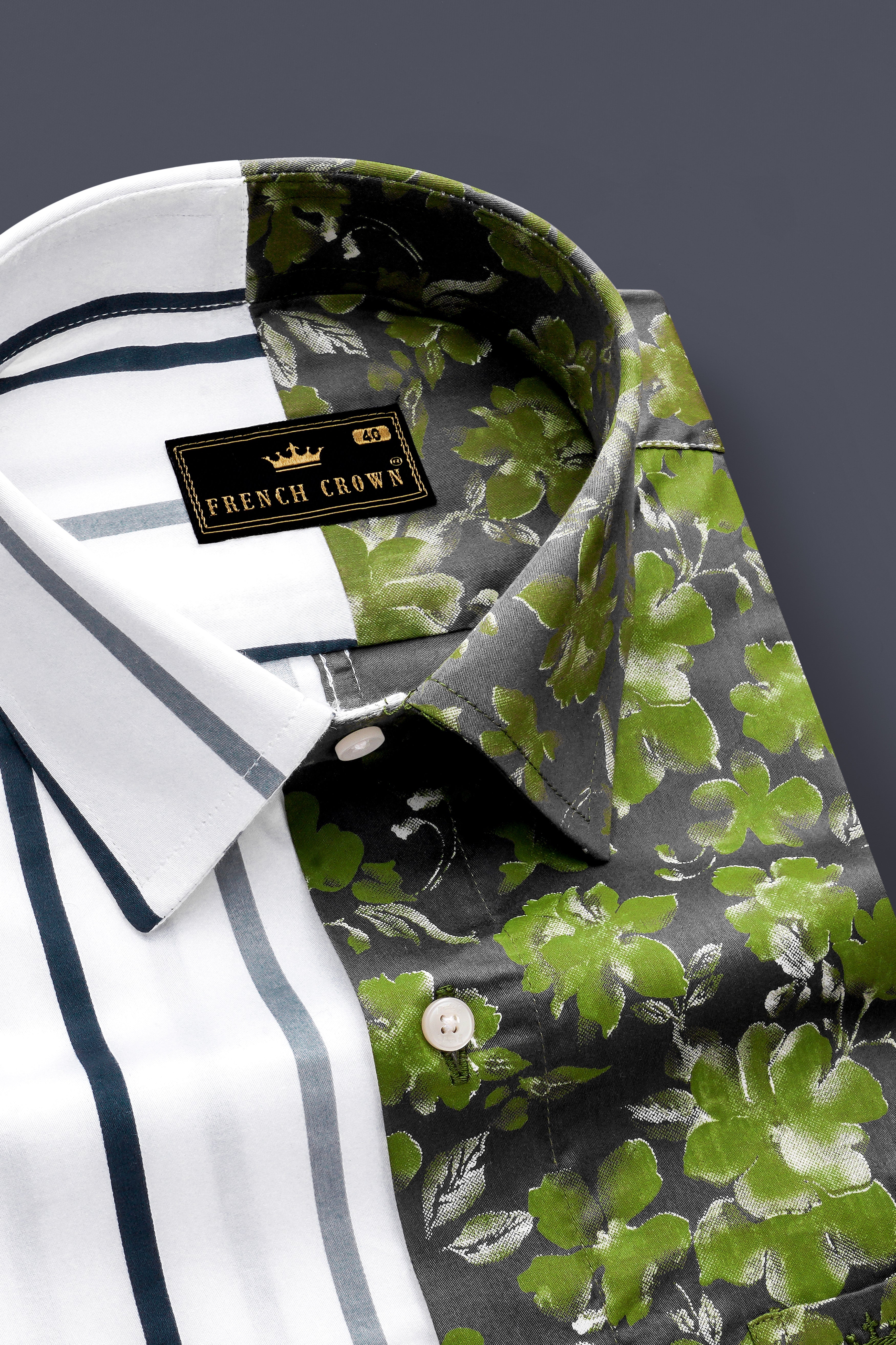 Half White-Striped With Half Clay Creek Green-Floral Printed Premium Cotton Designer Shirt