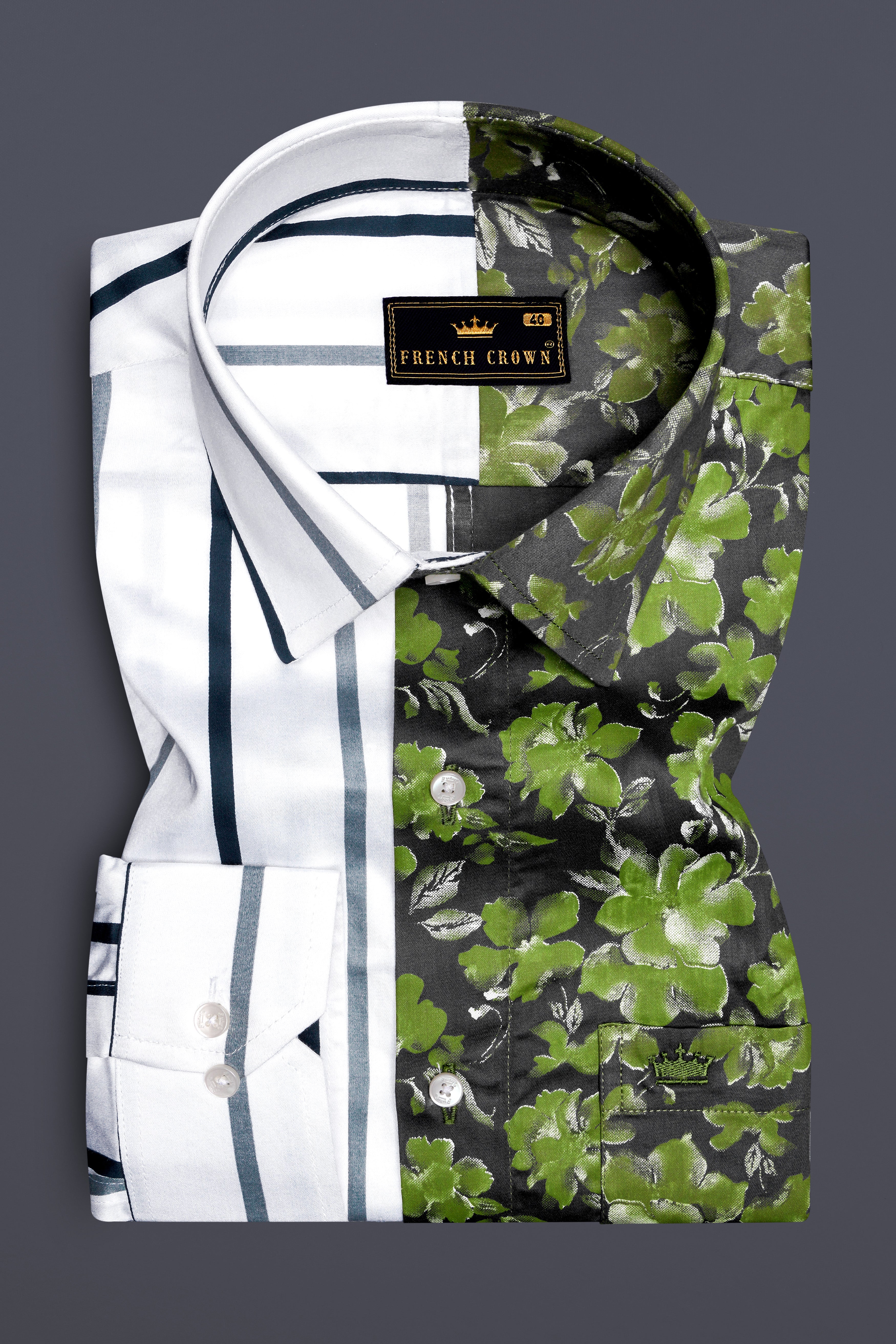 Half White-Striped With Half Clay Creek Green-Floral Printed Premium Cotton Designer Shirt
