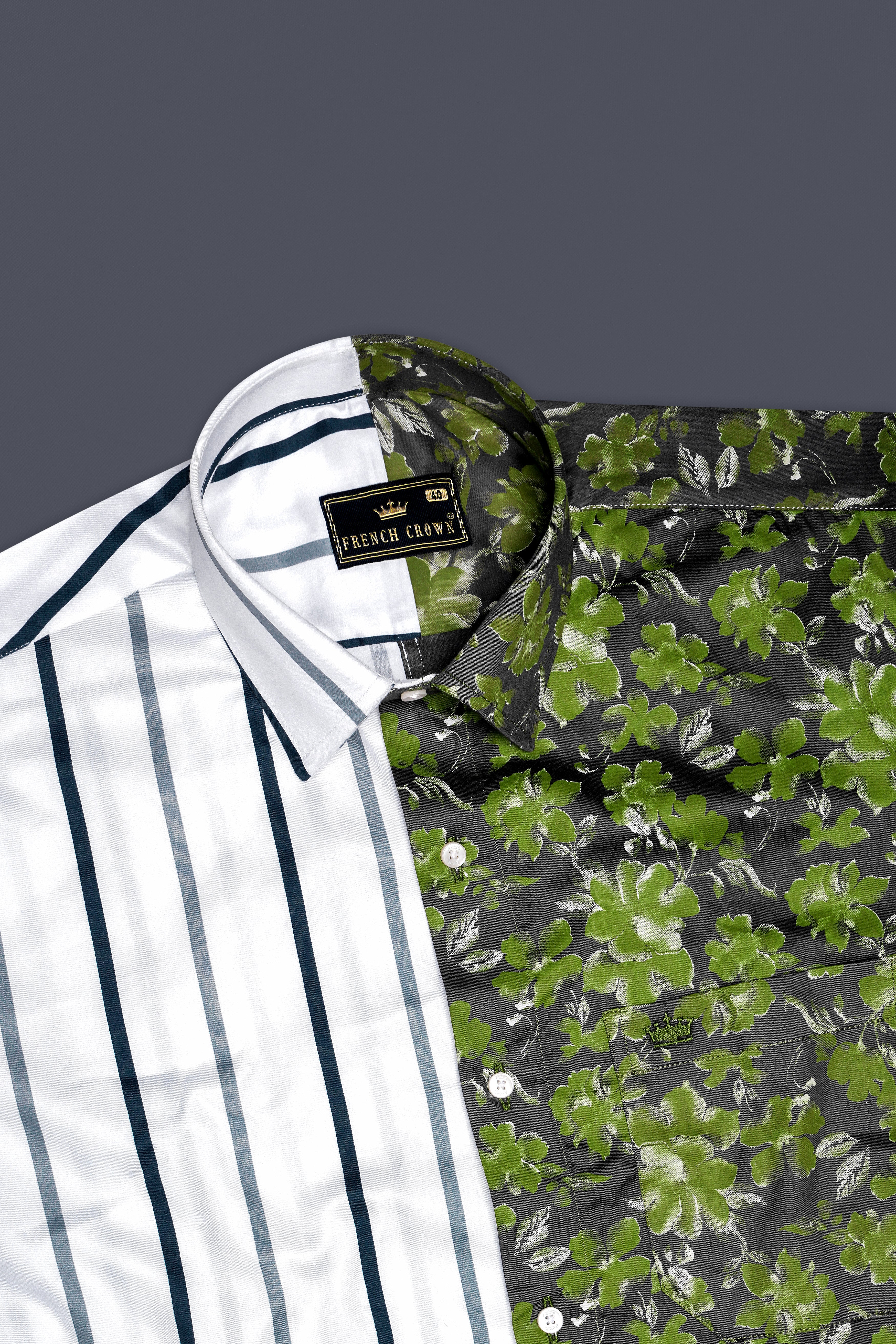 Half White-Striped With Half Clay Creek Green-Floral Printed Premium Cotton Designer Shirt