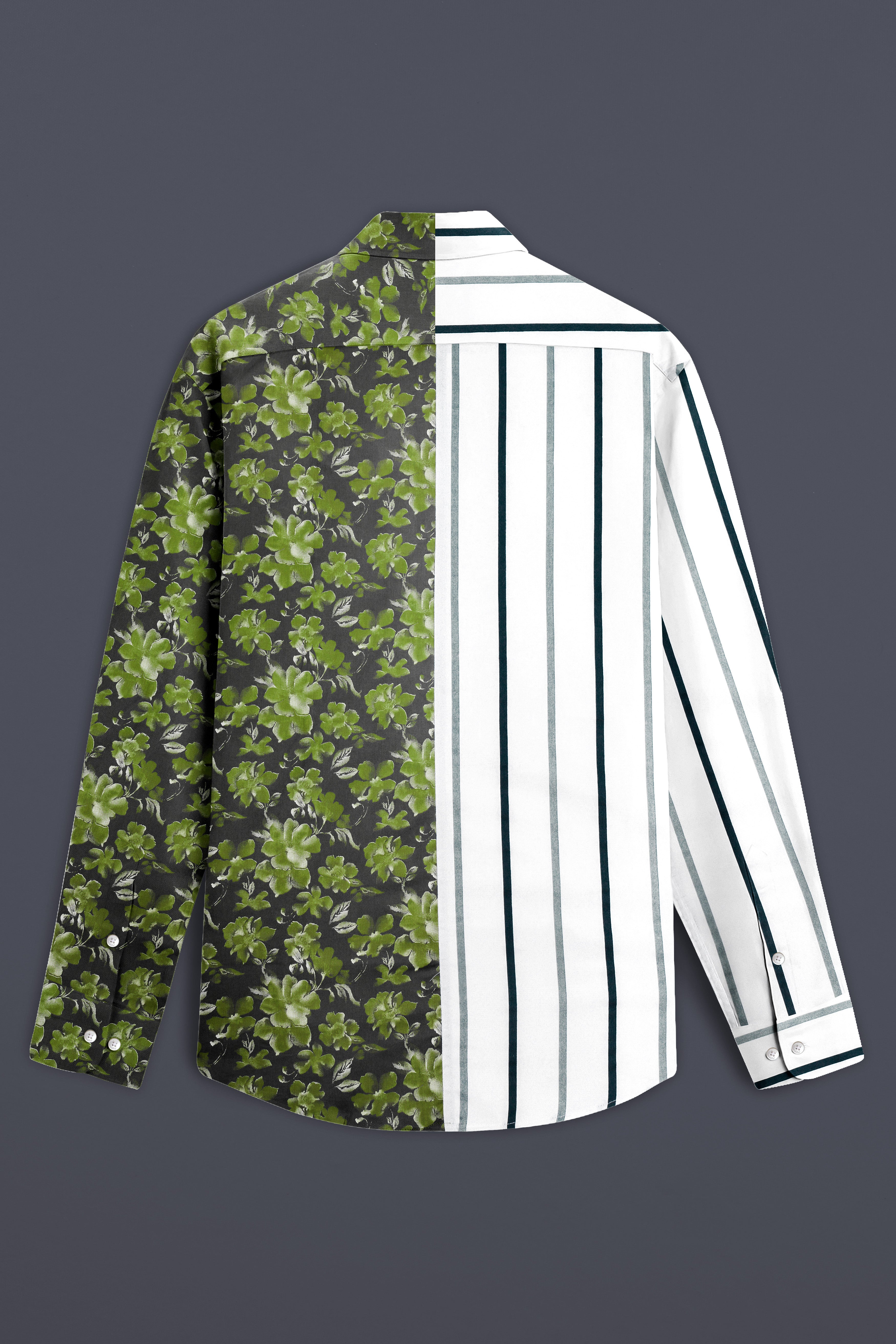 Half White-Striped With Half Clay Creek Green-Floral Printed Premium Cotton Designer Shirt