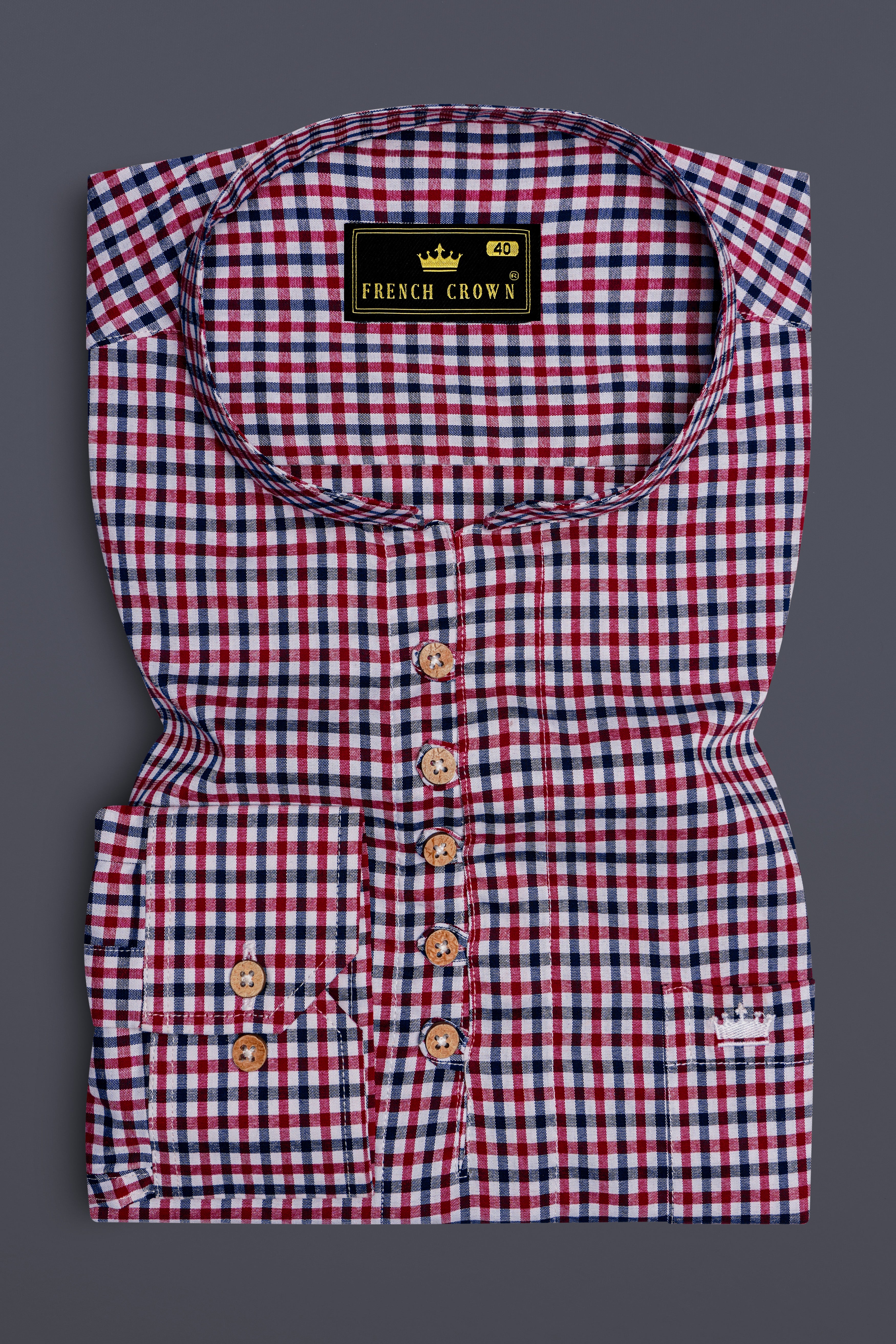Deep Carmine Red and Tuna Blue Plaid Royal Oxford Kurta Shirt