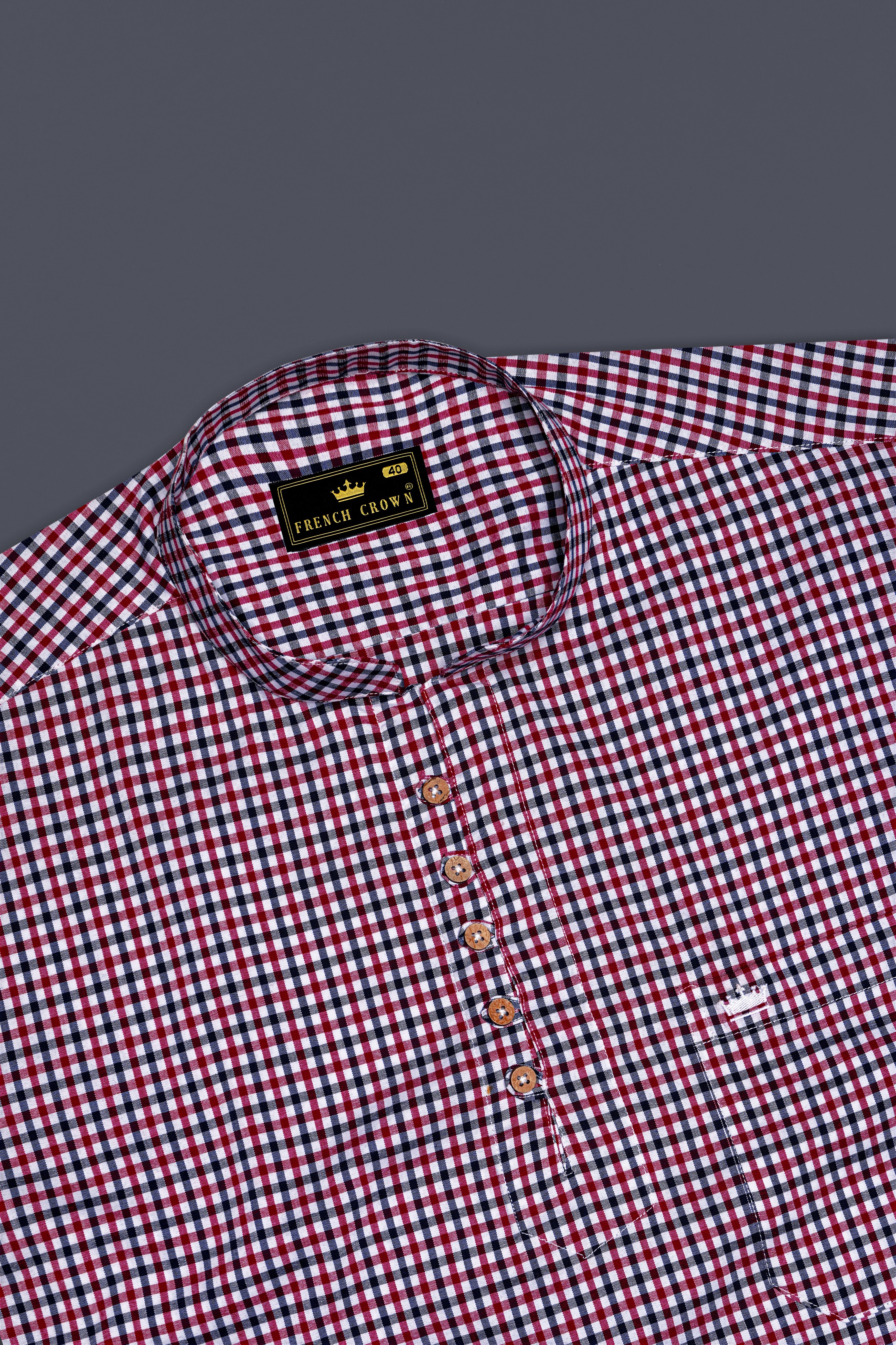 Deep Carmine Red and Tuna Blue Plaid Royal Oxford Kurta Shirt