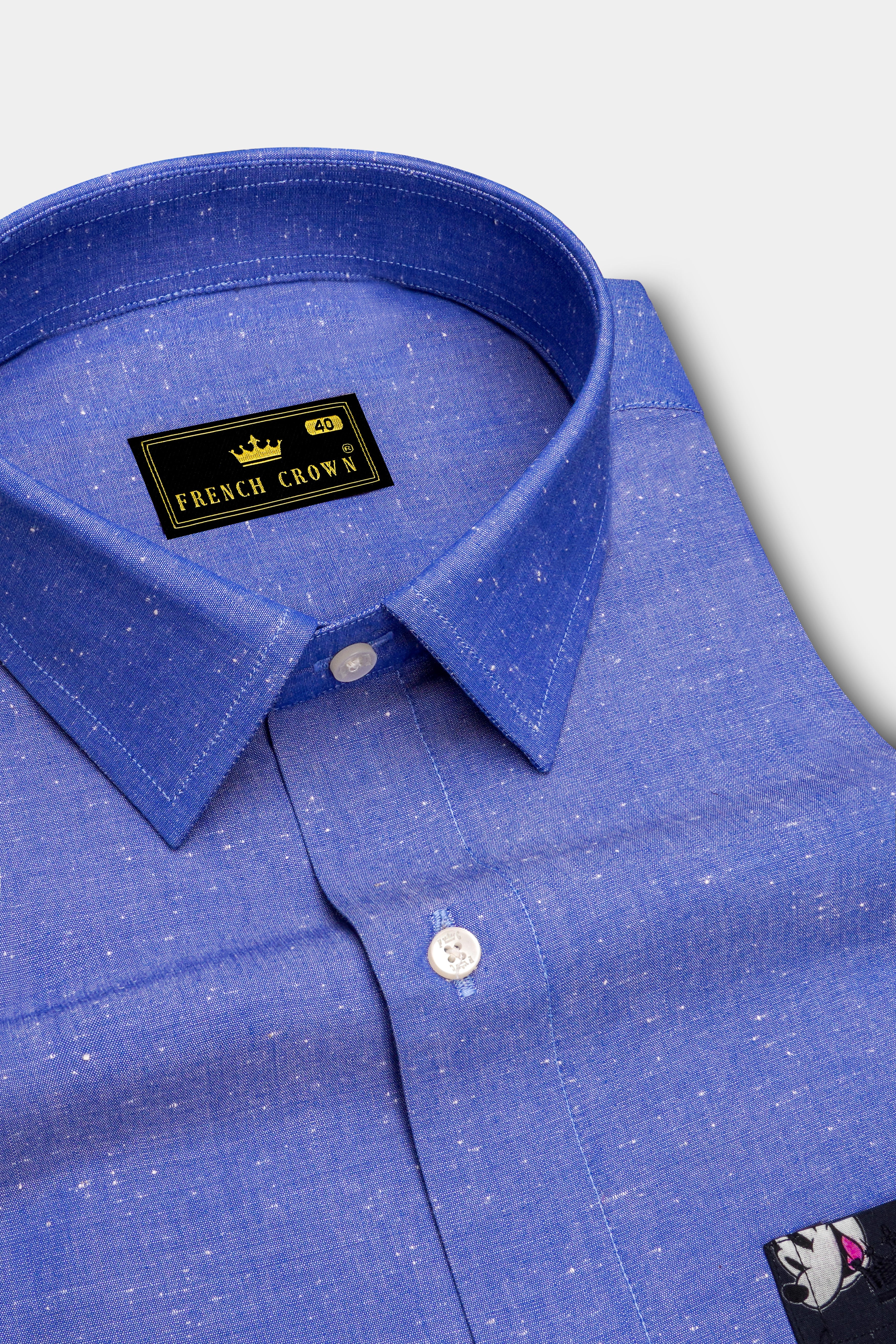 Dark Pastel Blue With Mickey Mouse Chambray Textured Premium Cotton Designer Shirt