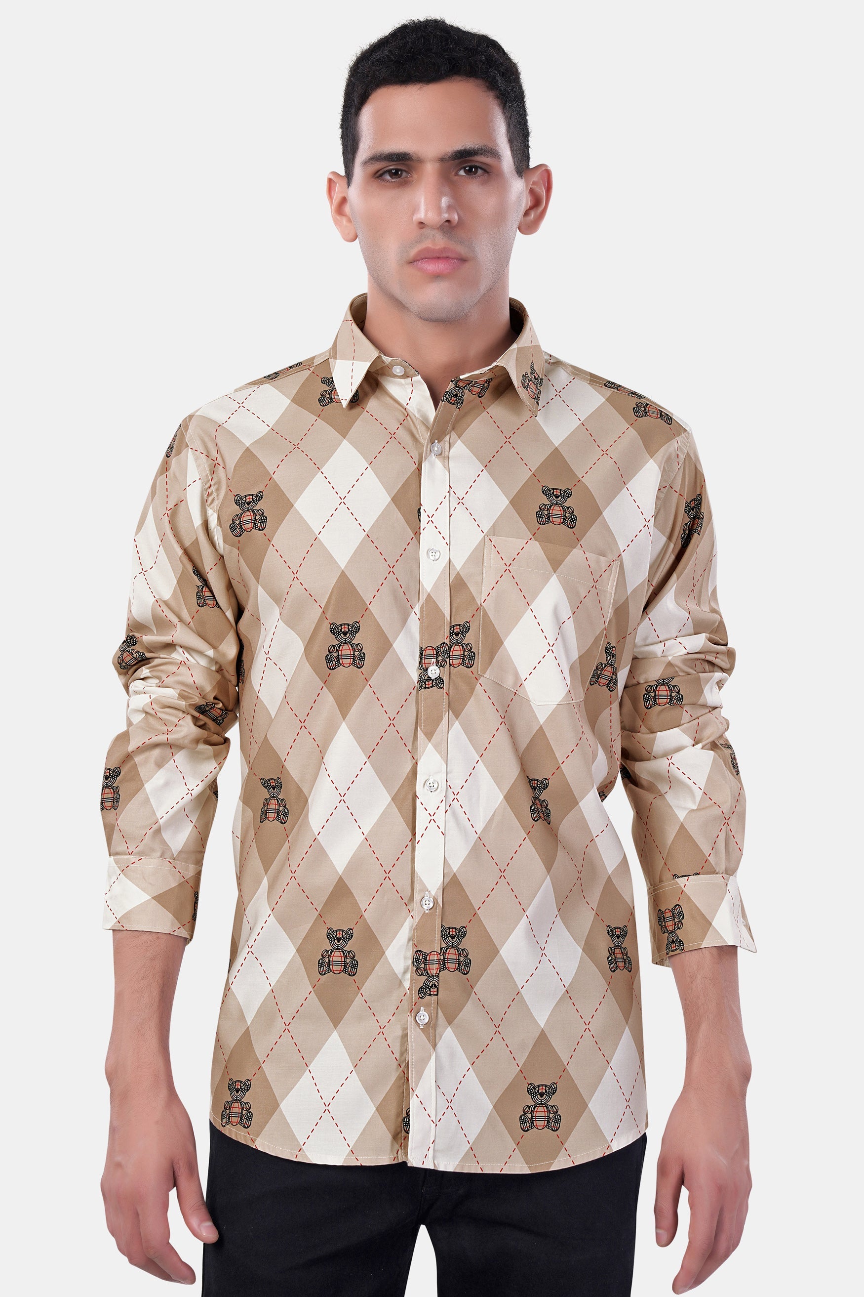 7swords-Beaver Brown and White Geometric with Teddy Bear Printed Premium Cotton Shirt 7S-120-38, 7S-120-H-38, 7S-120-39, 7S-120-H-39, 7S-120-40, 7S-120-H-40, 7S-120-42, 7S-120-H-42, 7S-120-44, 7S-120-H-44, 7S-120-46, 7S-120-H-46, 7S-120-48, 7S-120-H-48, 7S-120-50, 7S-120-H-50, 7S-120-52, 7S-120-H-52