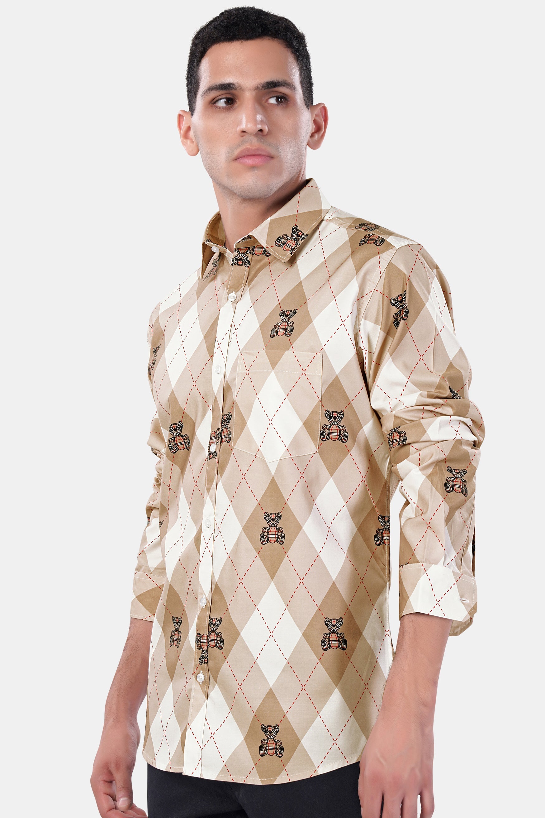 7swords-Beaver Brown and White Geometric with Teddy Bear Printed Premium Cotton Shirt 7S-120-38, 7S-120-H-38, 7S-120-39, 7S-120-H-39, 7S-120-40, 7S-120-H-40, 7S-120-42, 7S-120-H-42, 7S-120-44, 7S-120-H-44, 7S-120-46, 7S-120-H-46, 7S-120-48, 7S-120-H-48, 7S-120-50, 7S-120-H-50, 7S-120-52, 7S-120-H-52