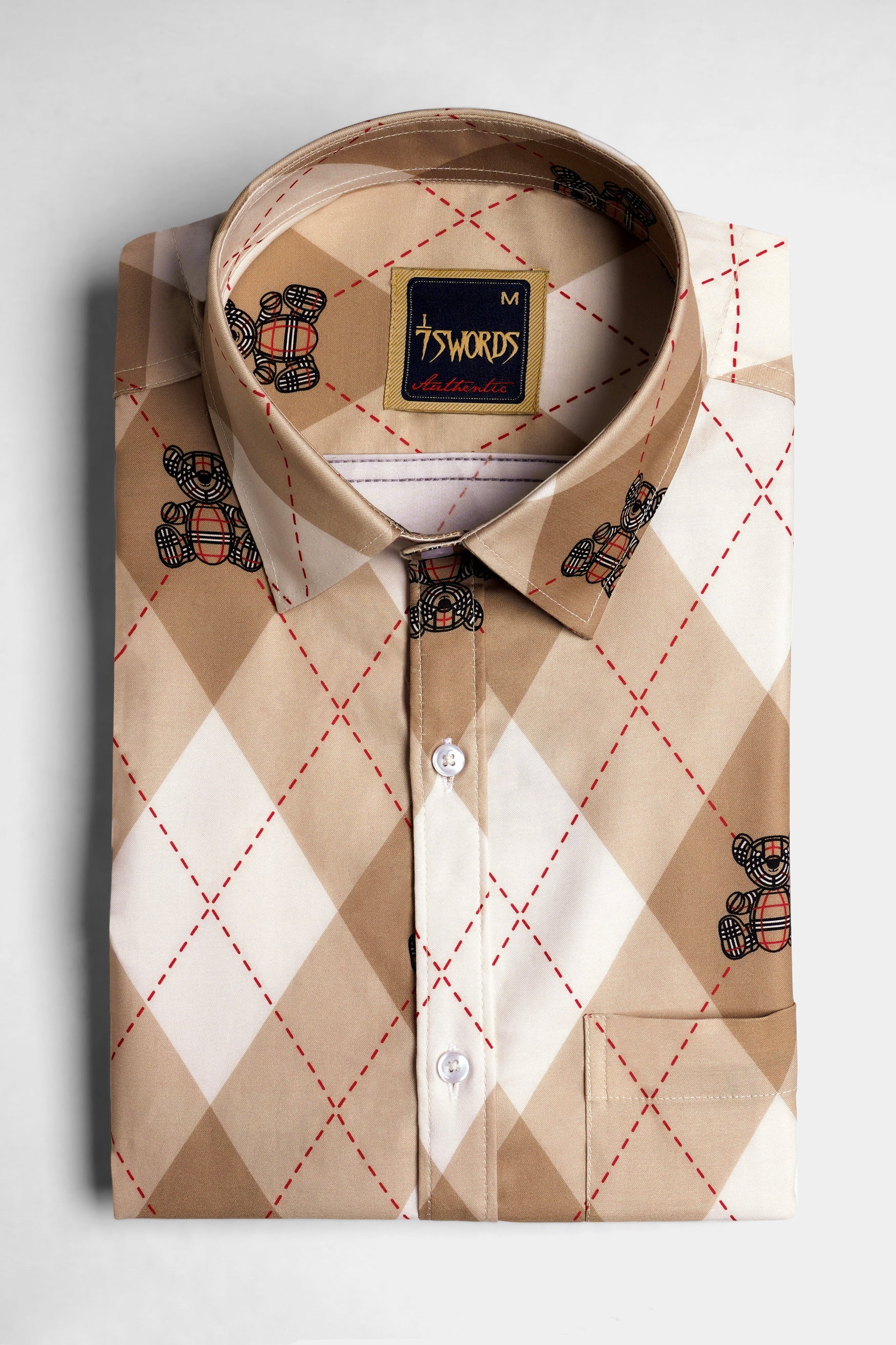 7swords-Beaver Brown and White Geometric with Teddy Bear Printed Premium Cotton Shirt 7S-120-38, 7S-120-H-38, 7S-120-39, 7S-120-H-39, 7S-120-40, 7S-120-H-40, 7S-120-42, 7S-120-H-42, 7S-120-44, 7S-120-H-44, 7S-120-46, 7S-120-H-46, 7S-120-48, 7S-120-H-48, 7S-120-50, 7S-120-H-50, 7S-120-52, 7S-120-H-52