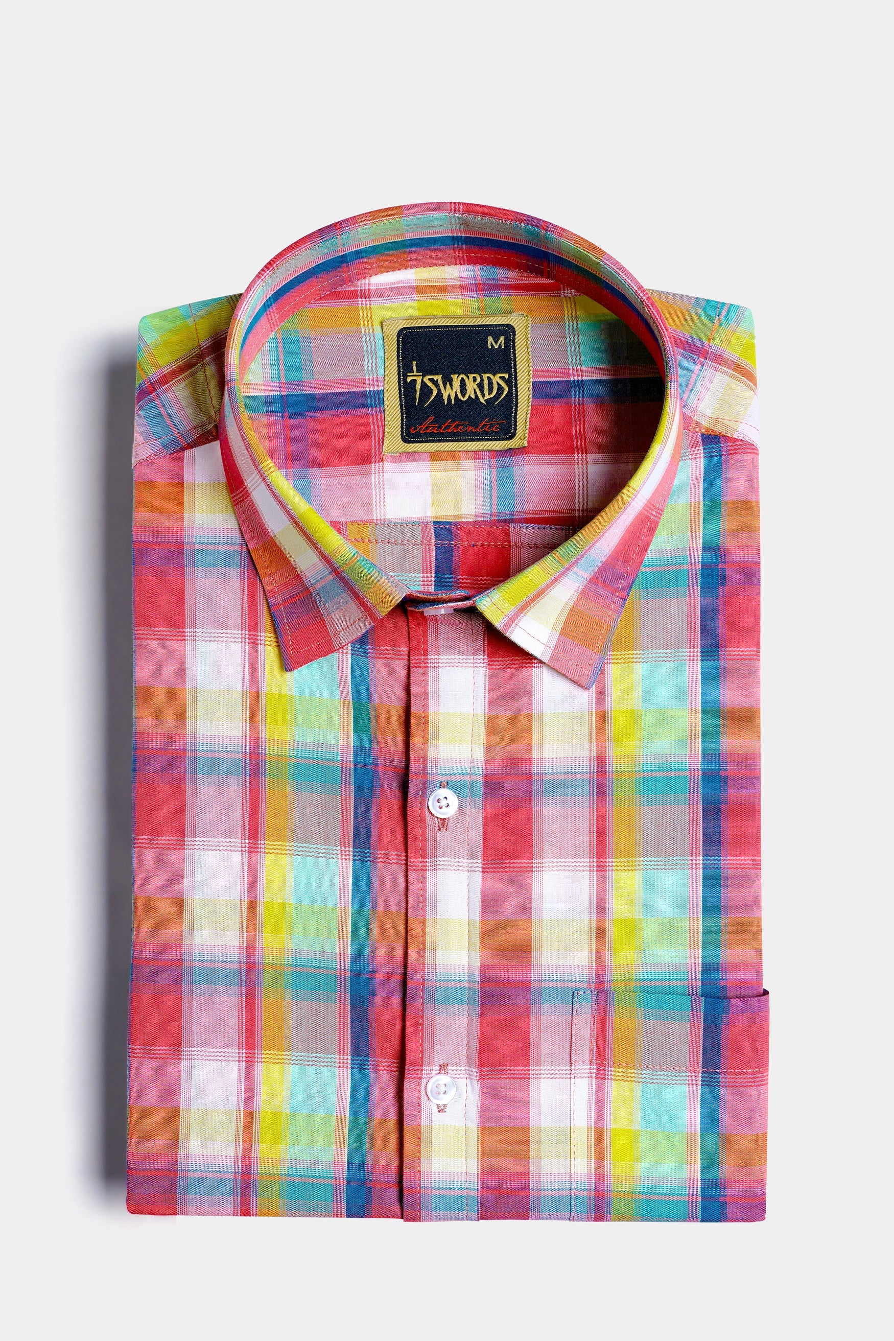 7swords-Mandy Pink with Sienna Orange and Glacier Blue Plaid Premium Cotton Shirt 7S-125-38, 7S-125-H-38, 7S-125-39, 7S-125-H-39, 7S-125-40, 7S-125-H-40, 7S-125-42, 7S-125-H-42, 7S-125-44, 7S-125-H-44, 7S-125-46, 7S-125-H-46, 7S-125-48, 7S-125-H-48, 7S-125-50, 7S-125-H-50, 7S-125-52, 7S-125-H-52