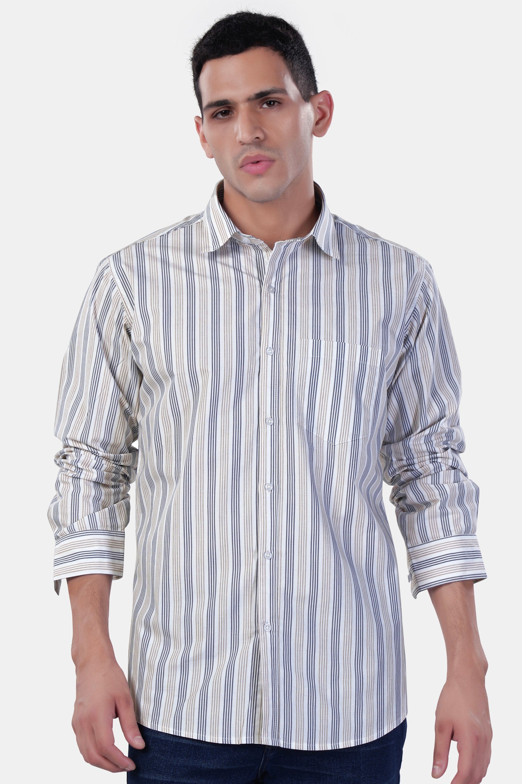 7swords-Bright White with Vanilla Brown and Fiord Blue Striped Premium Cotton Shirt 7S-137-38, 7S-137-39, 7S-137-40, 7S-137-42