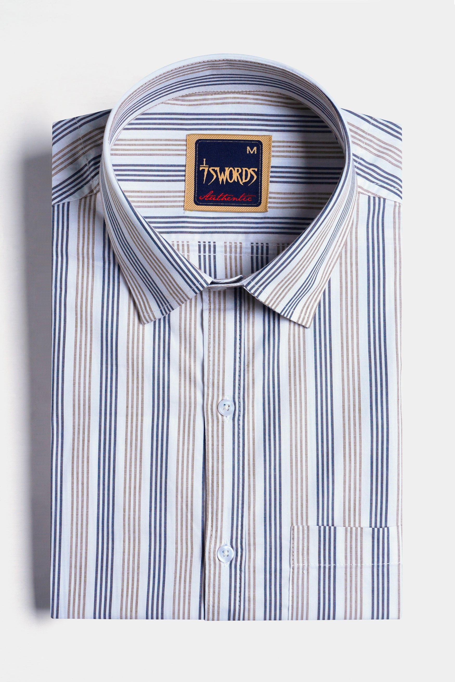 7swords-Bright White with Vanilla Brown and Fiord Blue Striped Premium Cotton Shirt 7S-137-38, 7S-137-39, 7S-137-40, 7S-137-42