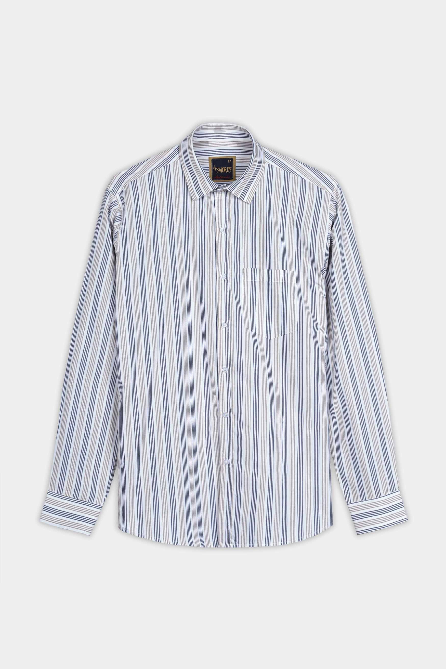 7swords-Bright White with Vanilla Brown and Fiord Blue Striped Premium Cotton Shirt 7S-137-38, 7S-137-39, 7S-137-40, 7S-137-42