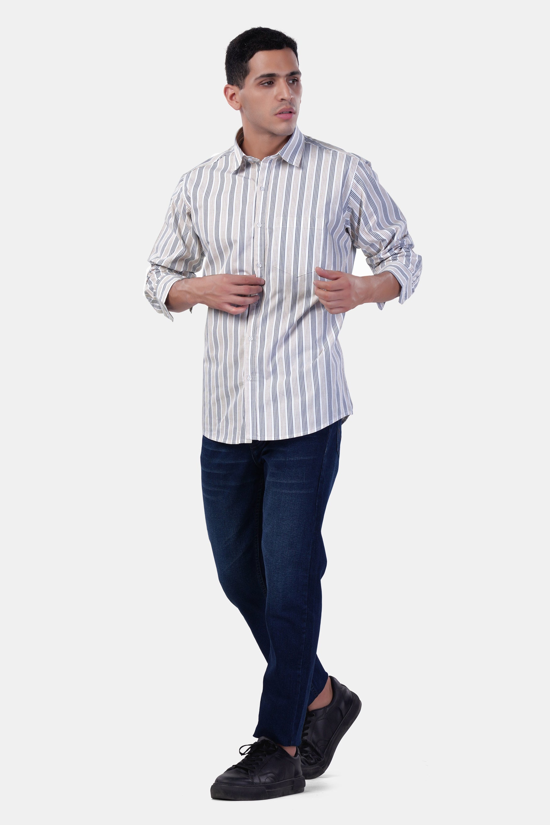 7swords-Bright White with Vanilla Brown and Fiord Blue Striped Premium Cotton Shirt 7S-137-38, 7S-137-39, 7S-137-40, 7S-137-42